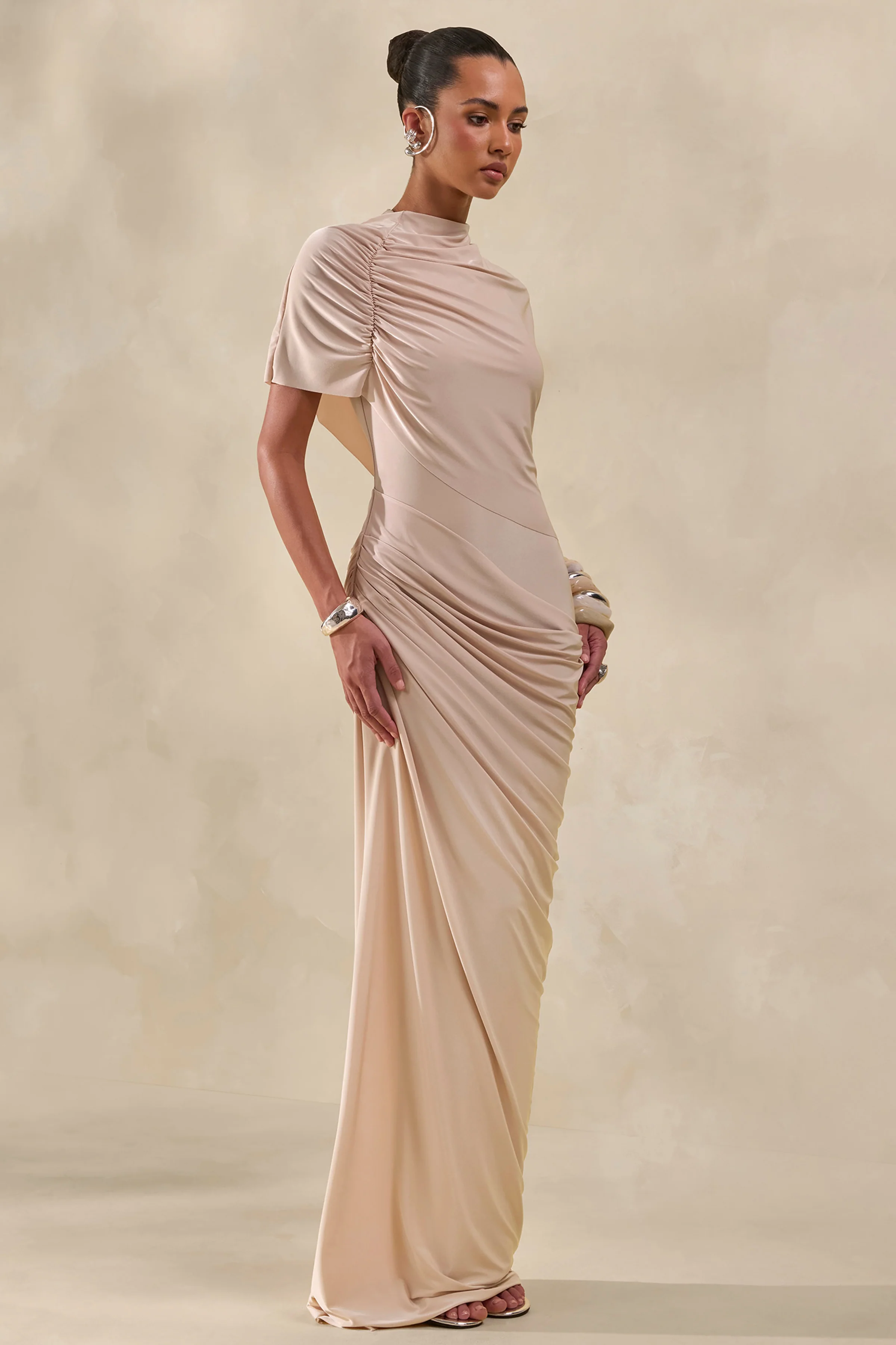 Lunaline | Champagne High-Neck Maxi Dress With Asymmetric Cape And Draped-Detailing - Image 4