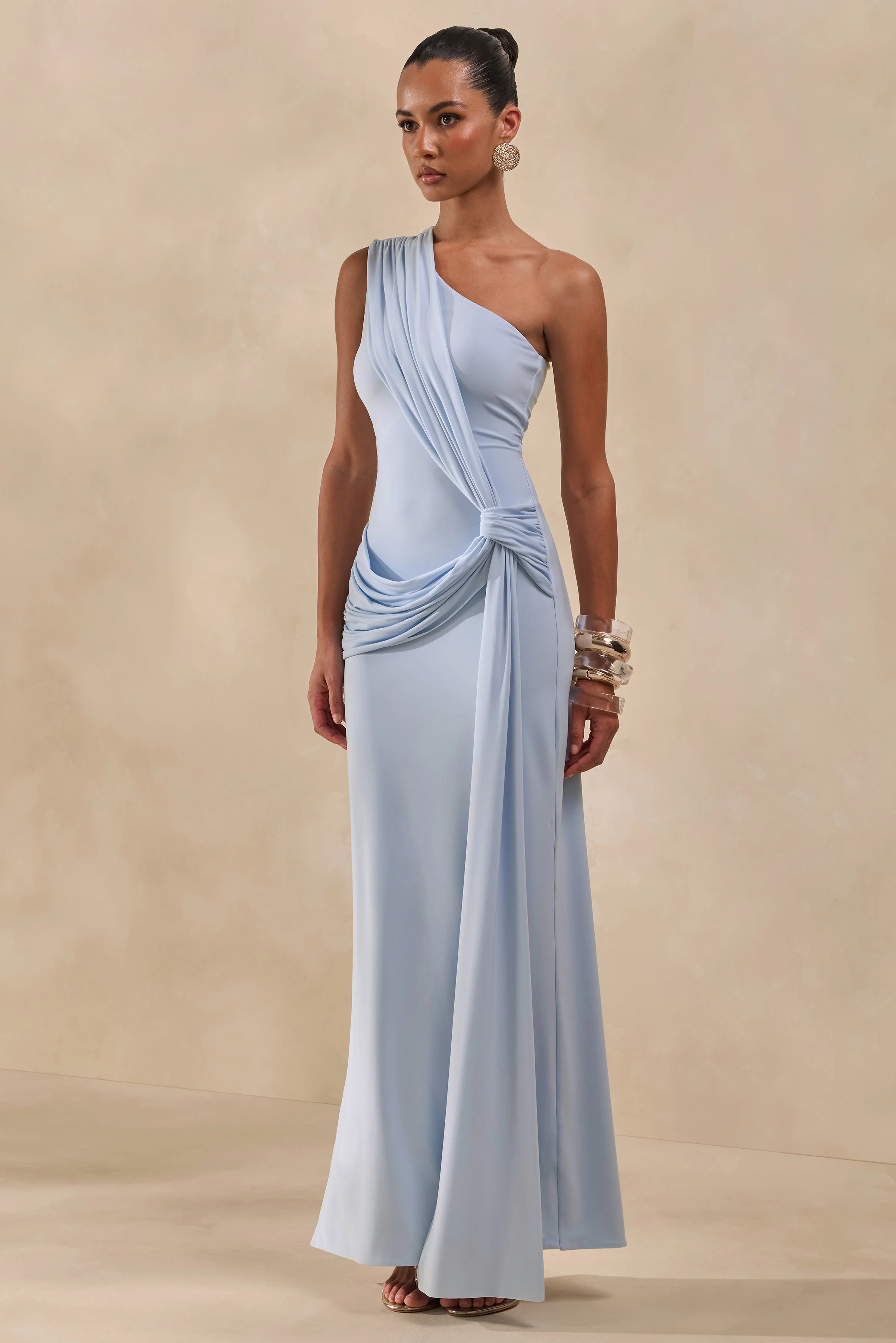Lunoria | Powder Blue Asymmetric-Neck Maxi Dress With Gathered-Detailing - Image 7
