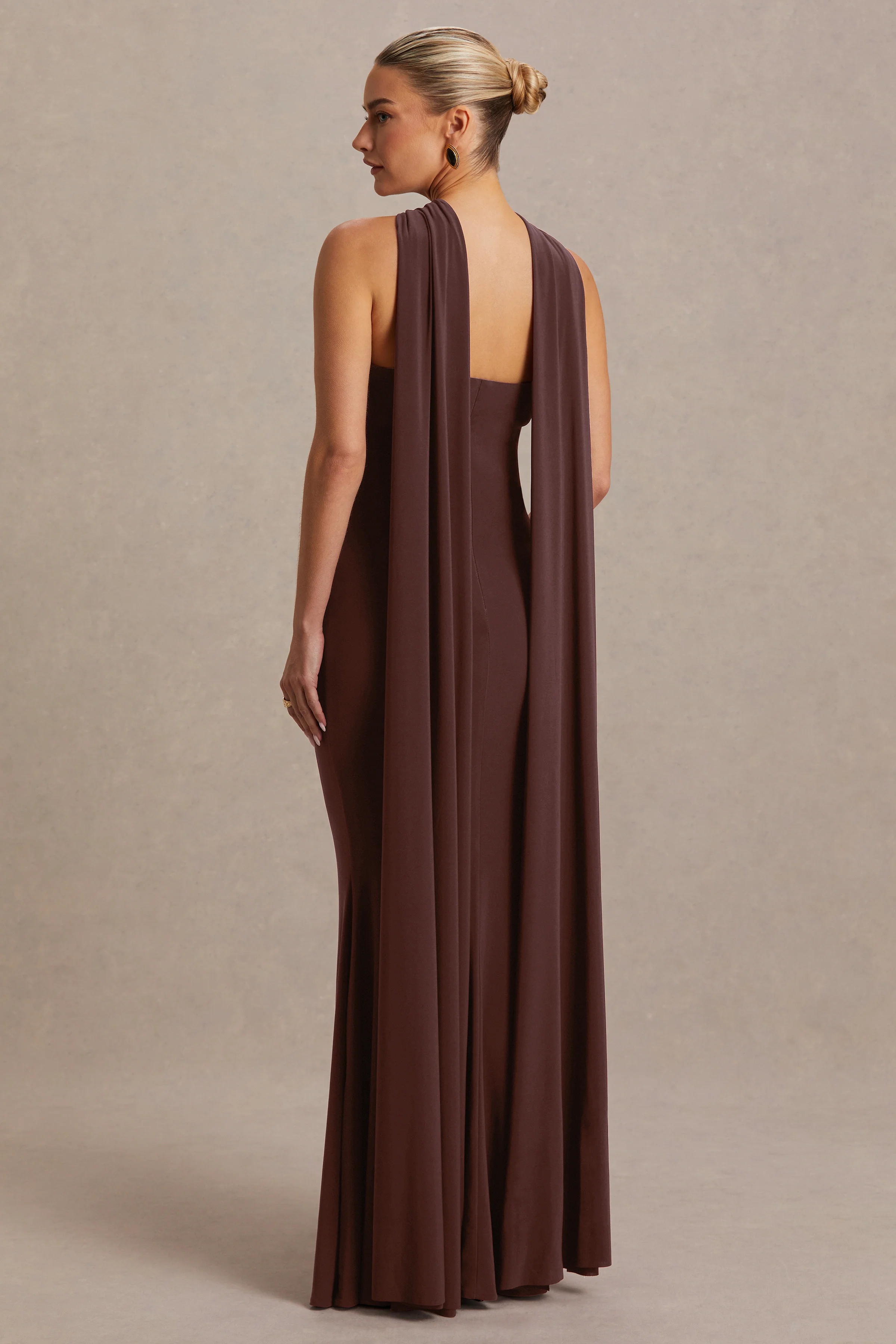 Lyra | Brown Cross Halter-Neck Maternity Maxi Dress With Cape - Image 2