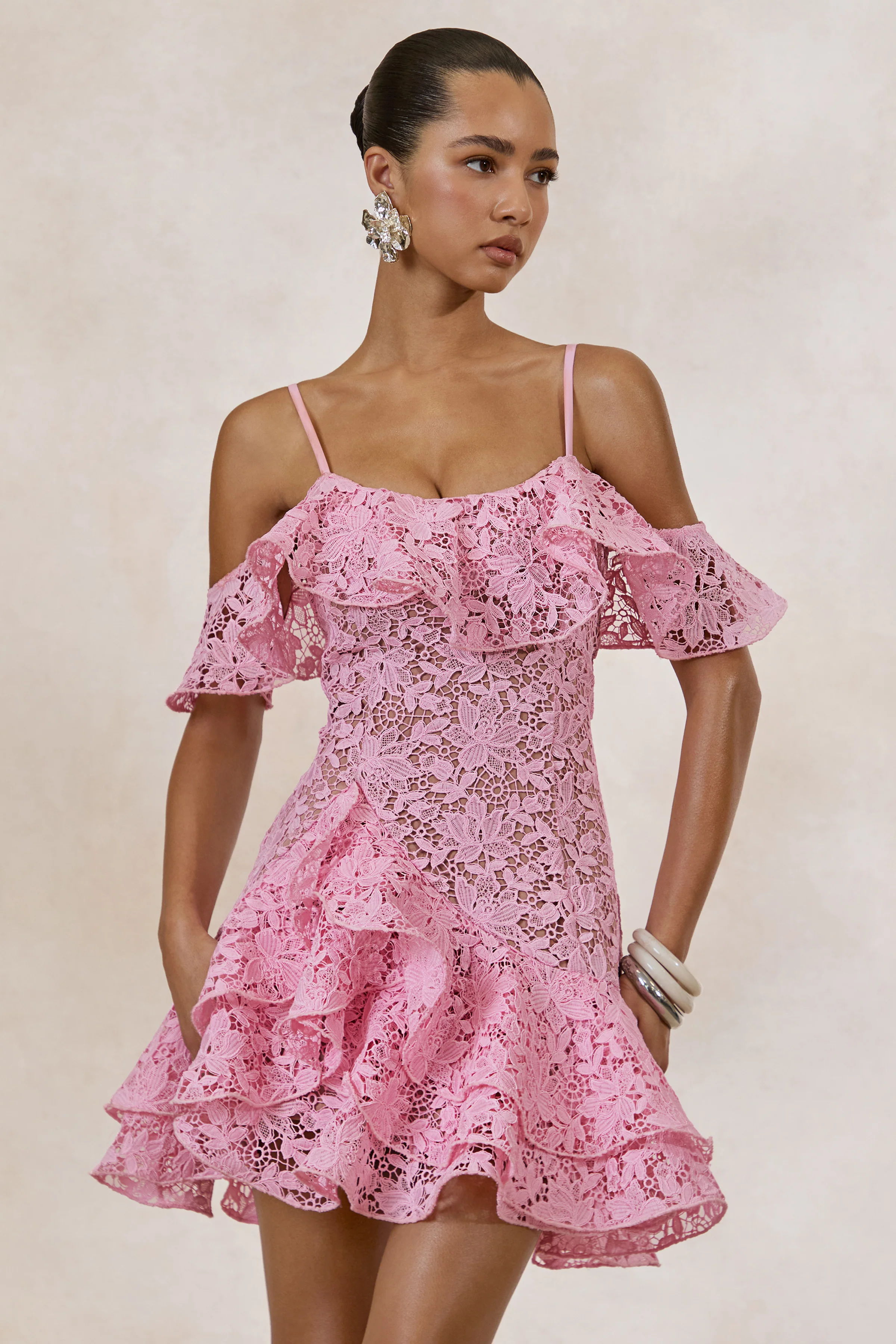 Lyris | Pink Lace Scoop-Neck Mini Dress With Ruffled Detailing - Image 3