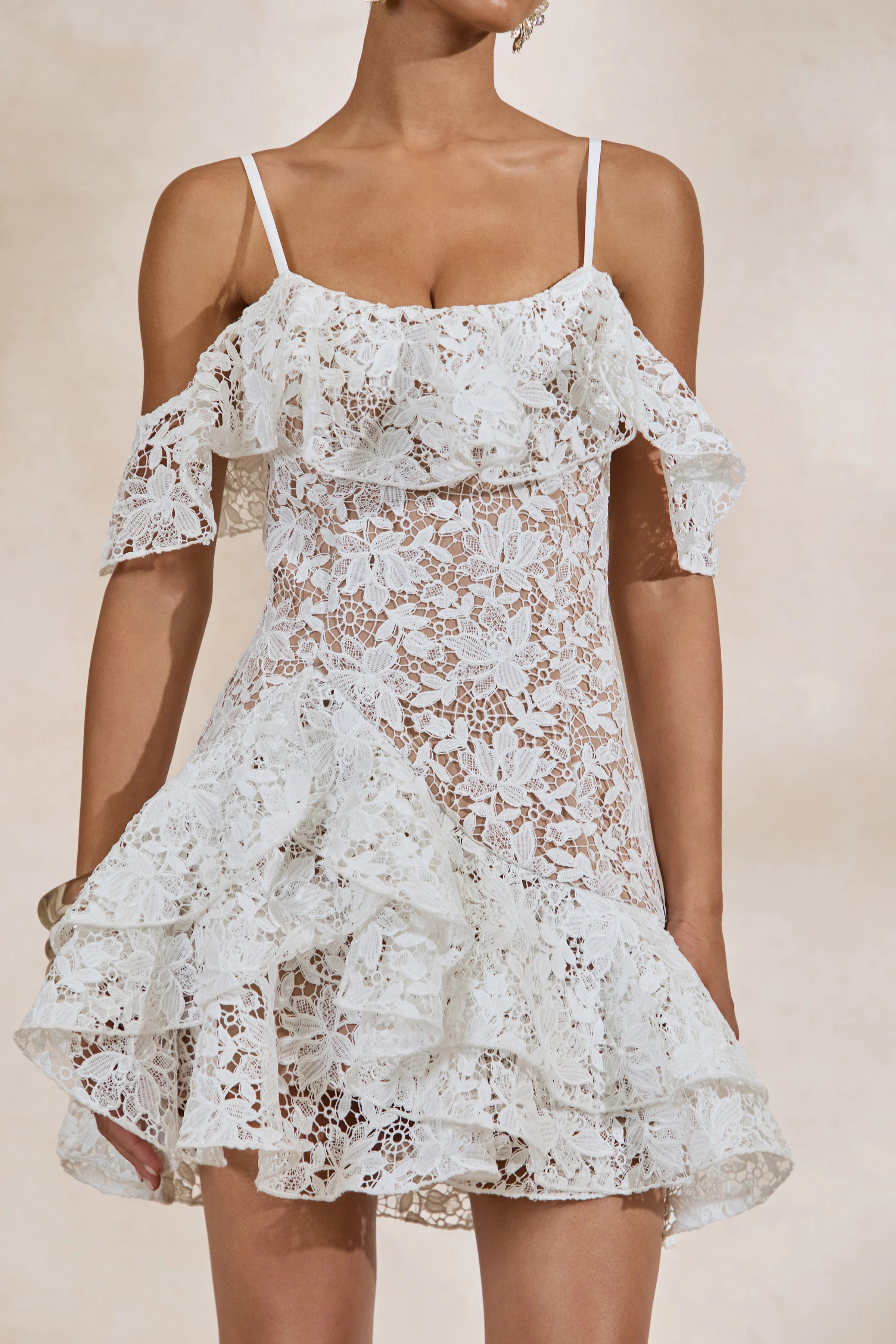 Lyris | White Lace Scoop-Neck Mini Dress With Ruffled Detailing - Image 4