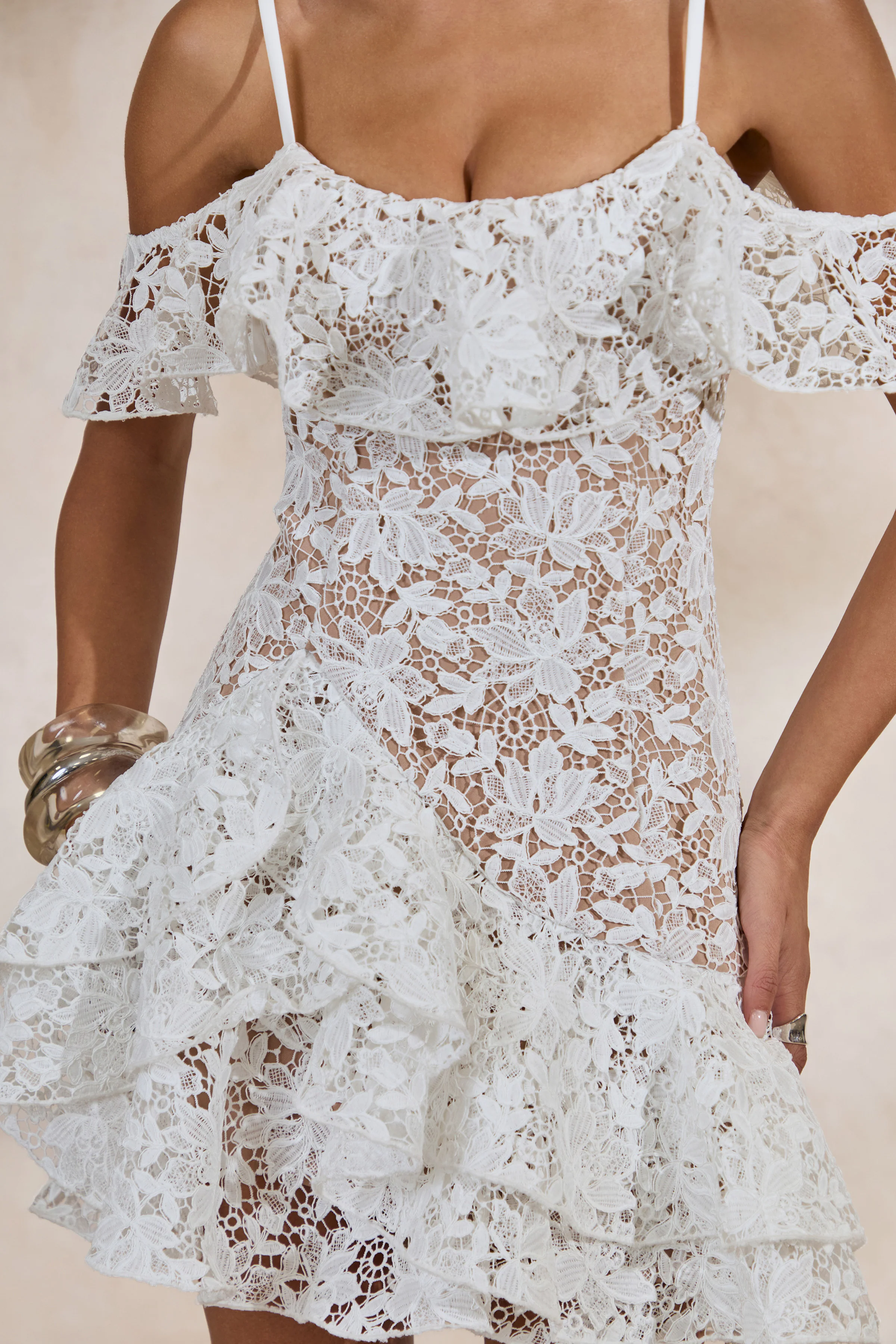 Lyris | White Lace Scoop-Neck Mini Dress With Ruffled Detailing - Image 5