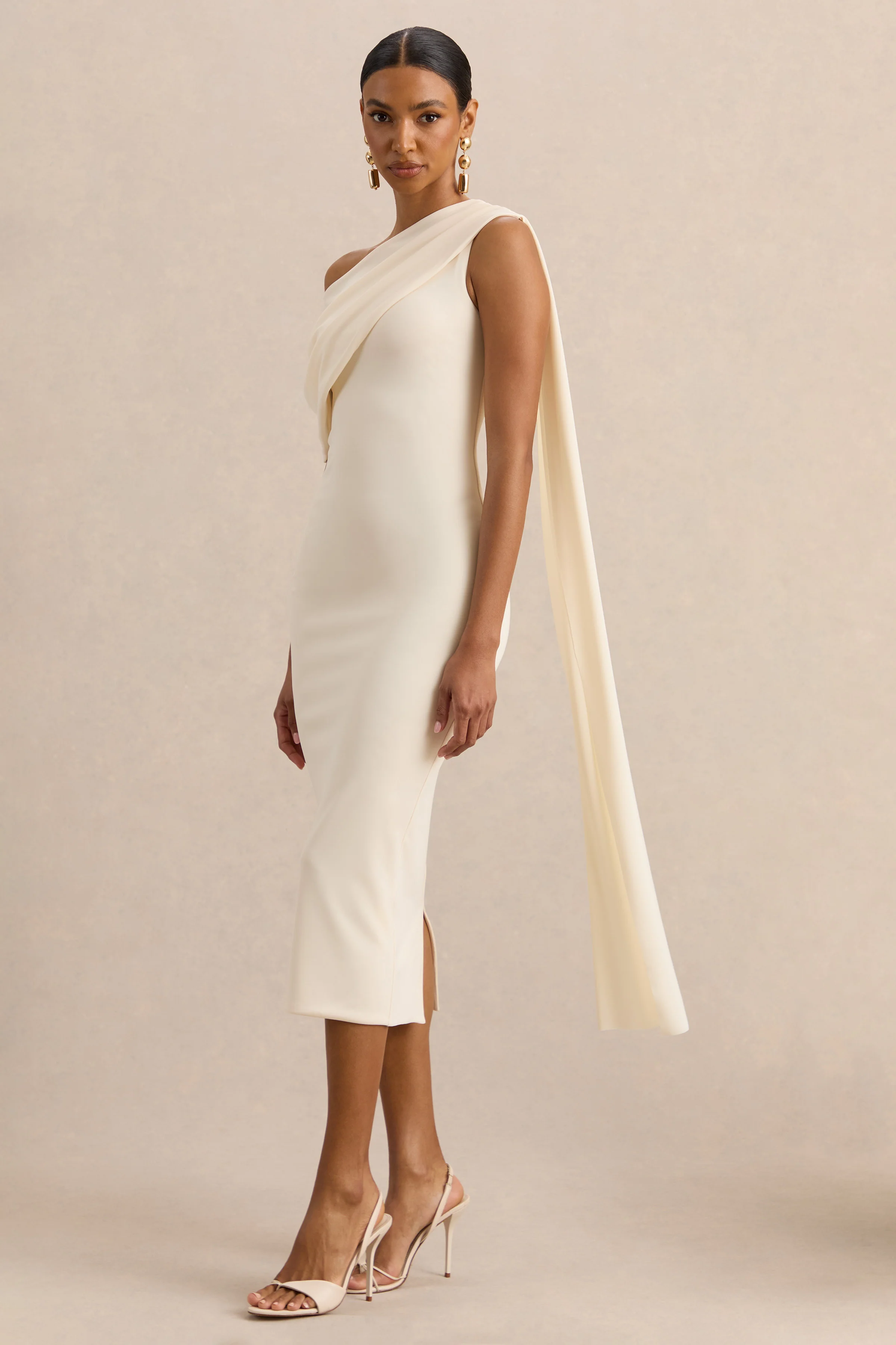Madelisse | Cream Asymmetric-Neck Midi Dress With Sash - Image 5