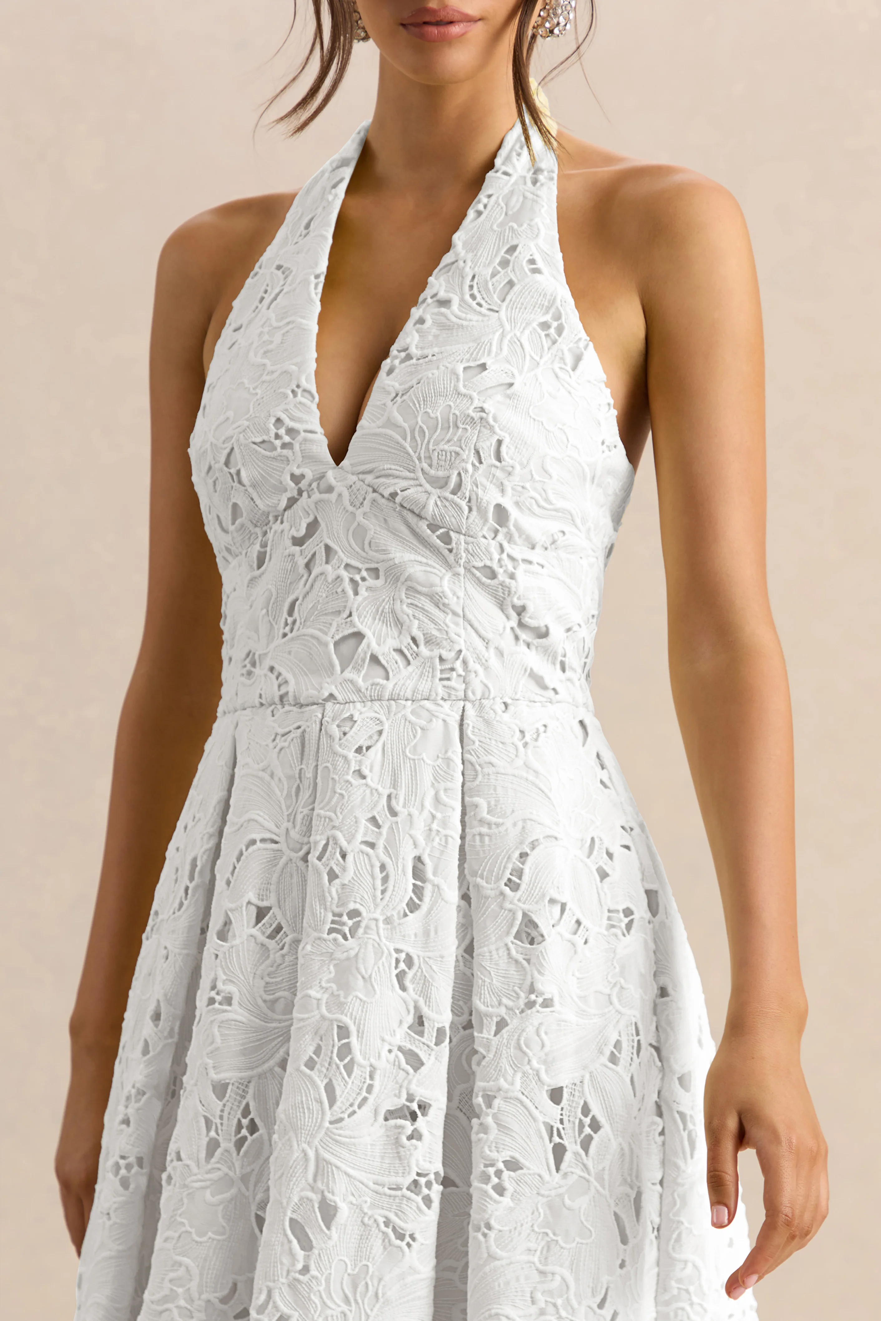 Maribel | White Lace Plunge-Neck Midi Dress - Image 3