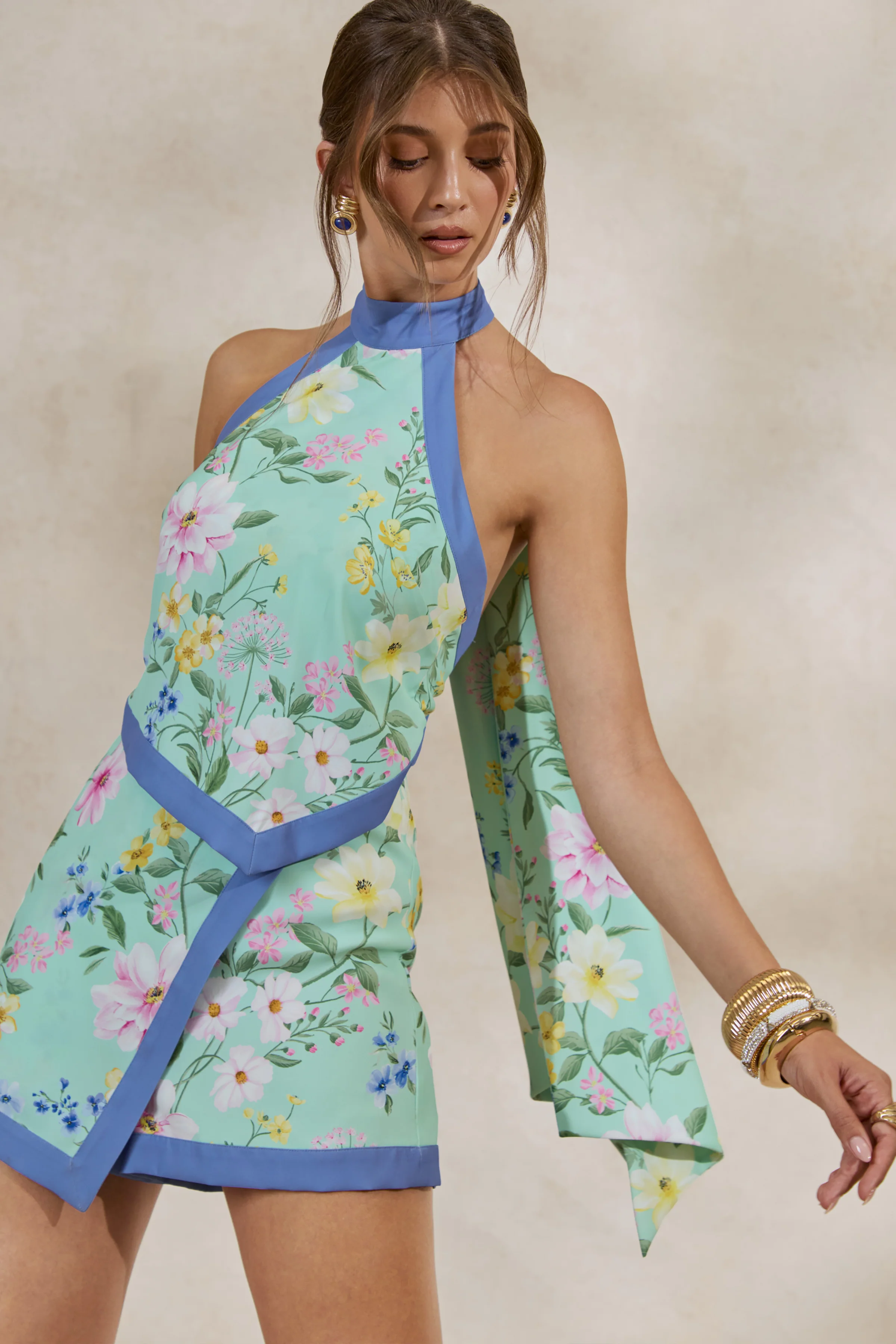 Maritza | Mint Floral Halter-Neck Asymmetric Playsuit - Image 5