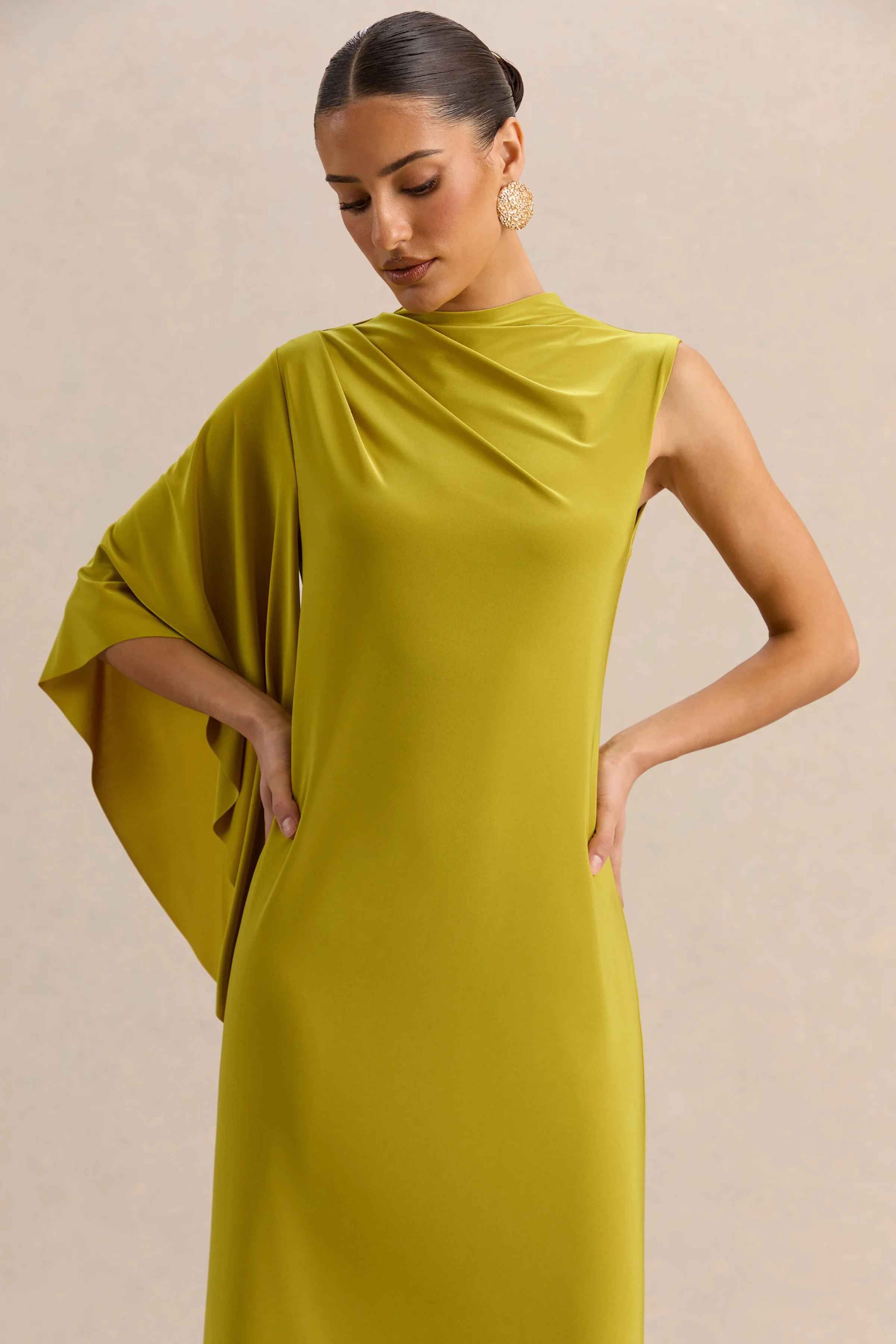 Marosia | Olive High-Neck Maxi Dress With Cape Sleeve - Image 3