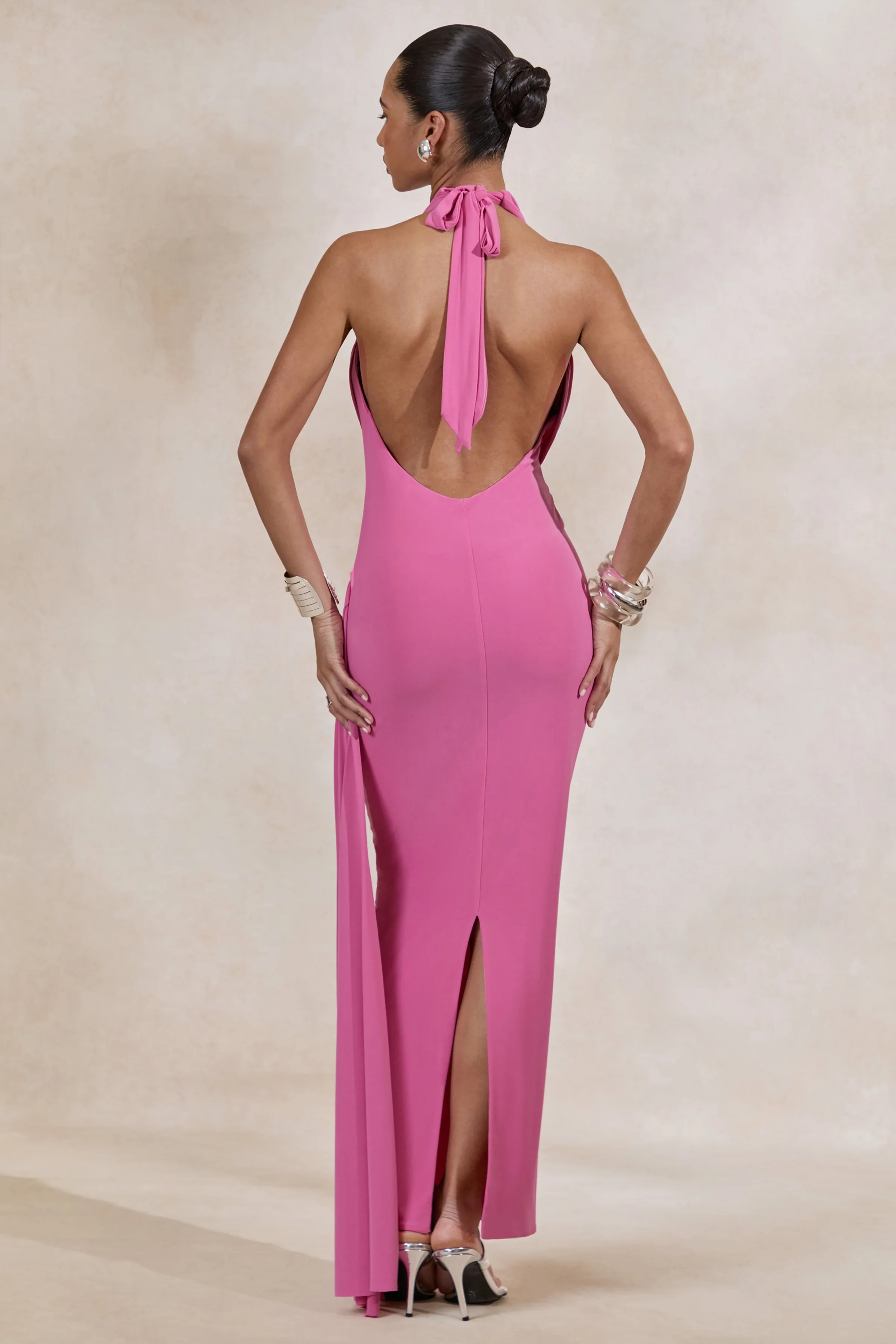 Maude | Pink Plunge-Neck Ruched Maxi Dress With Sash - Image 2