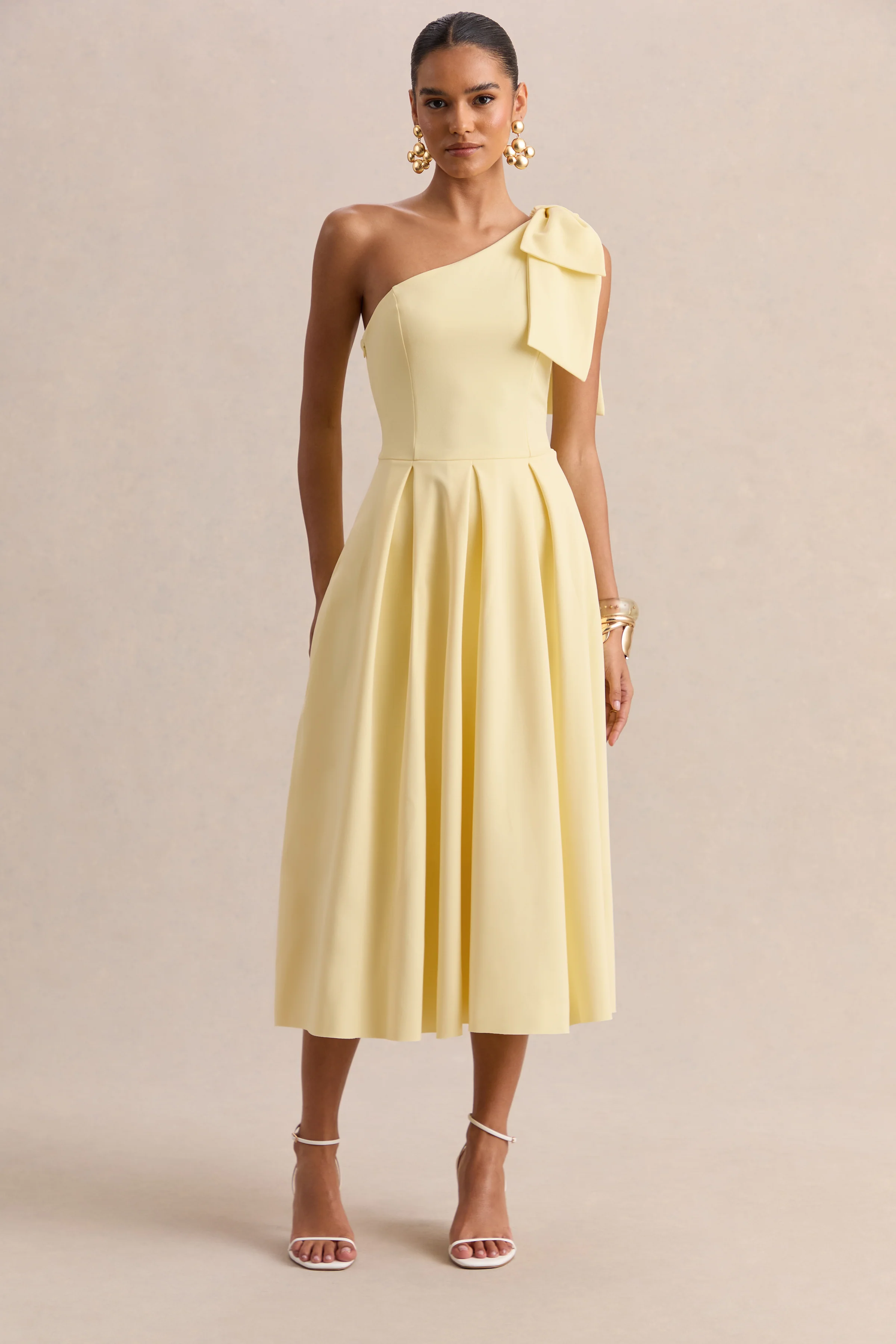 Meria | Lemon Asymmetric-Neck Midi Dress With Bow-Sleeve - Image 5