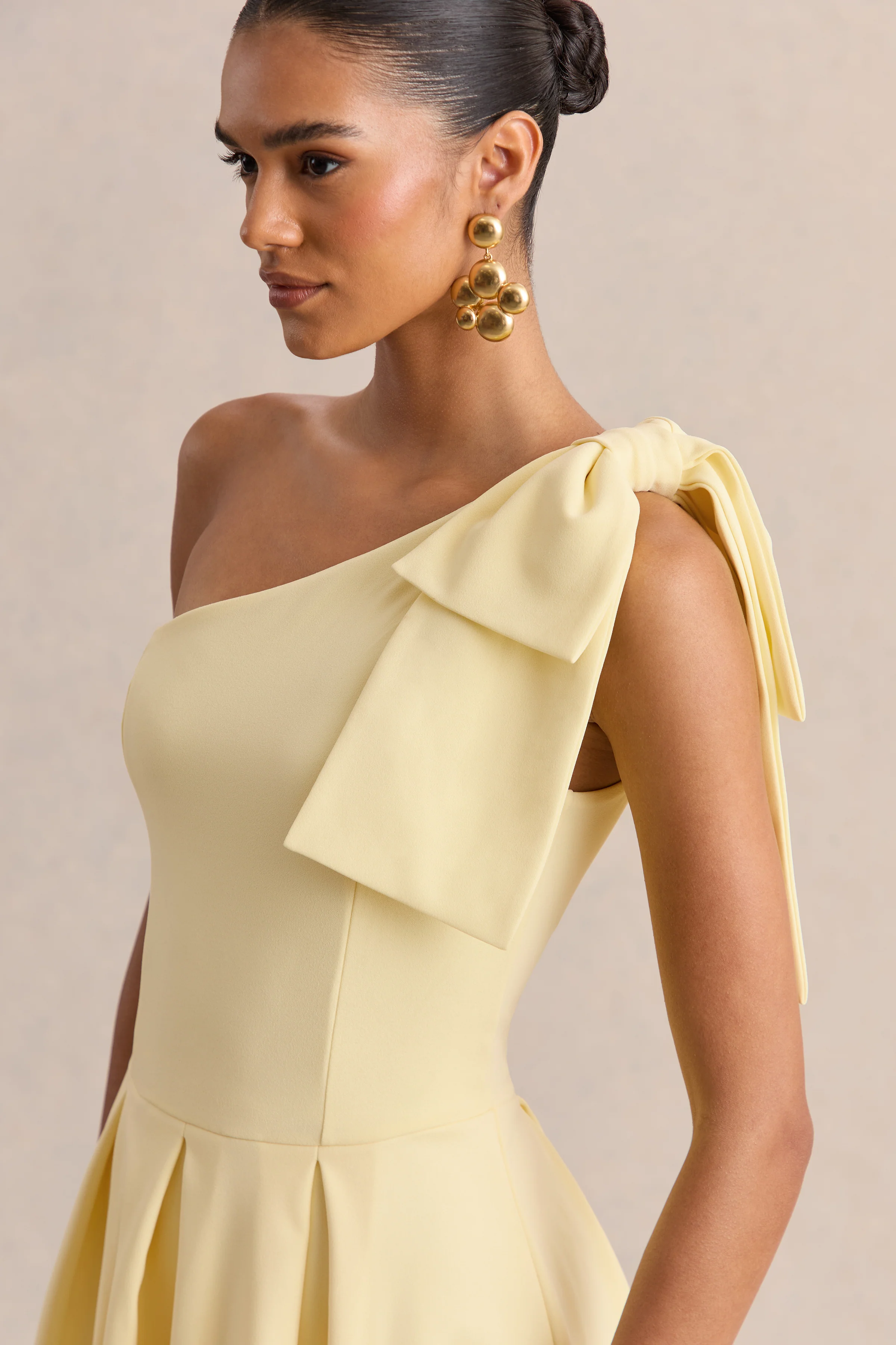 Meria | Lemon Asymmetric-Neck Midi Dress With Bow-Sleeve - Image 6