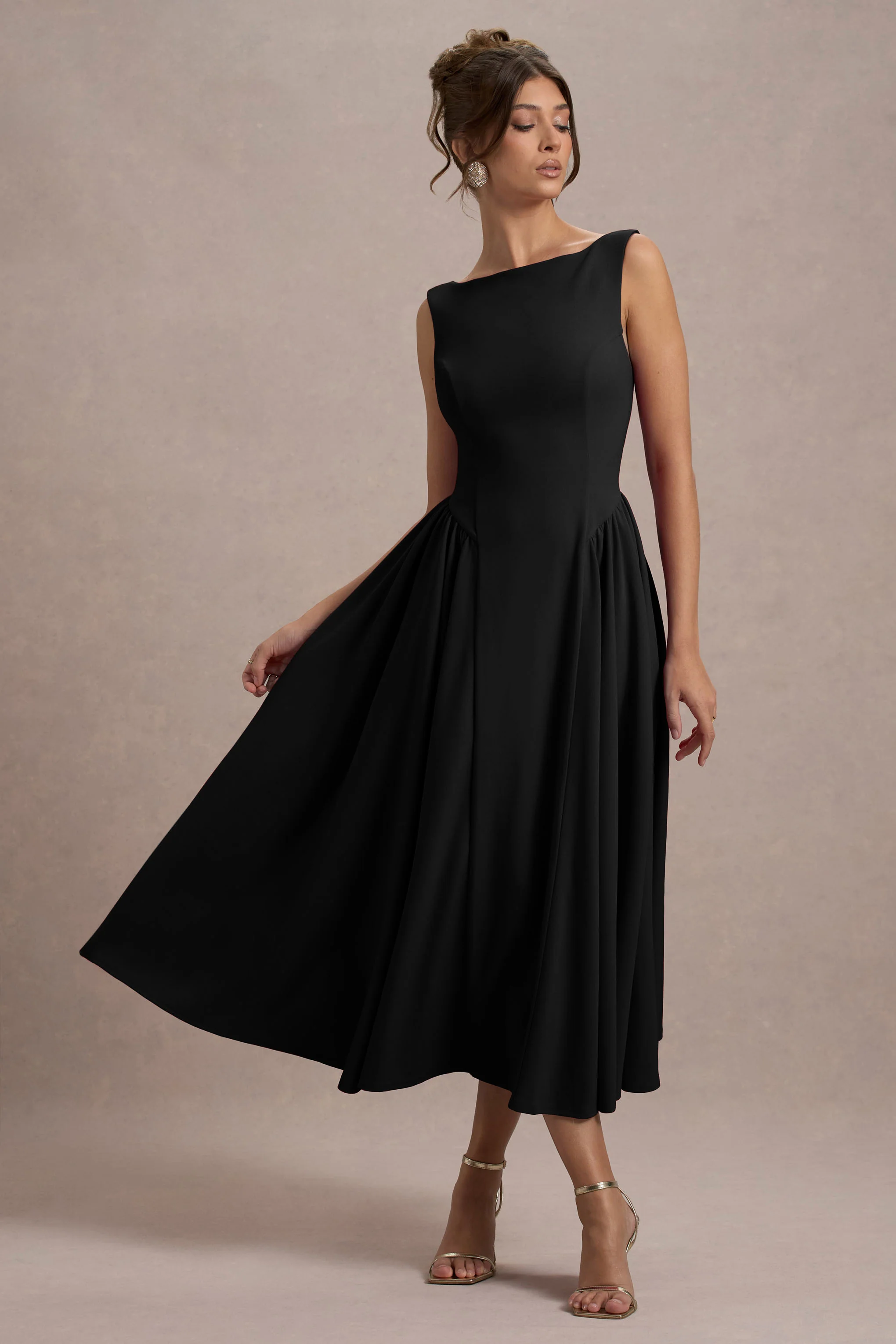 Muriel | Black Boat-Neck Volume-Hem Midi Dress