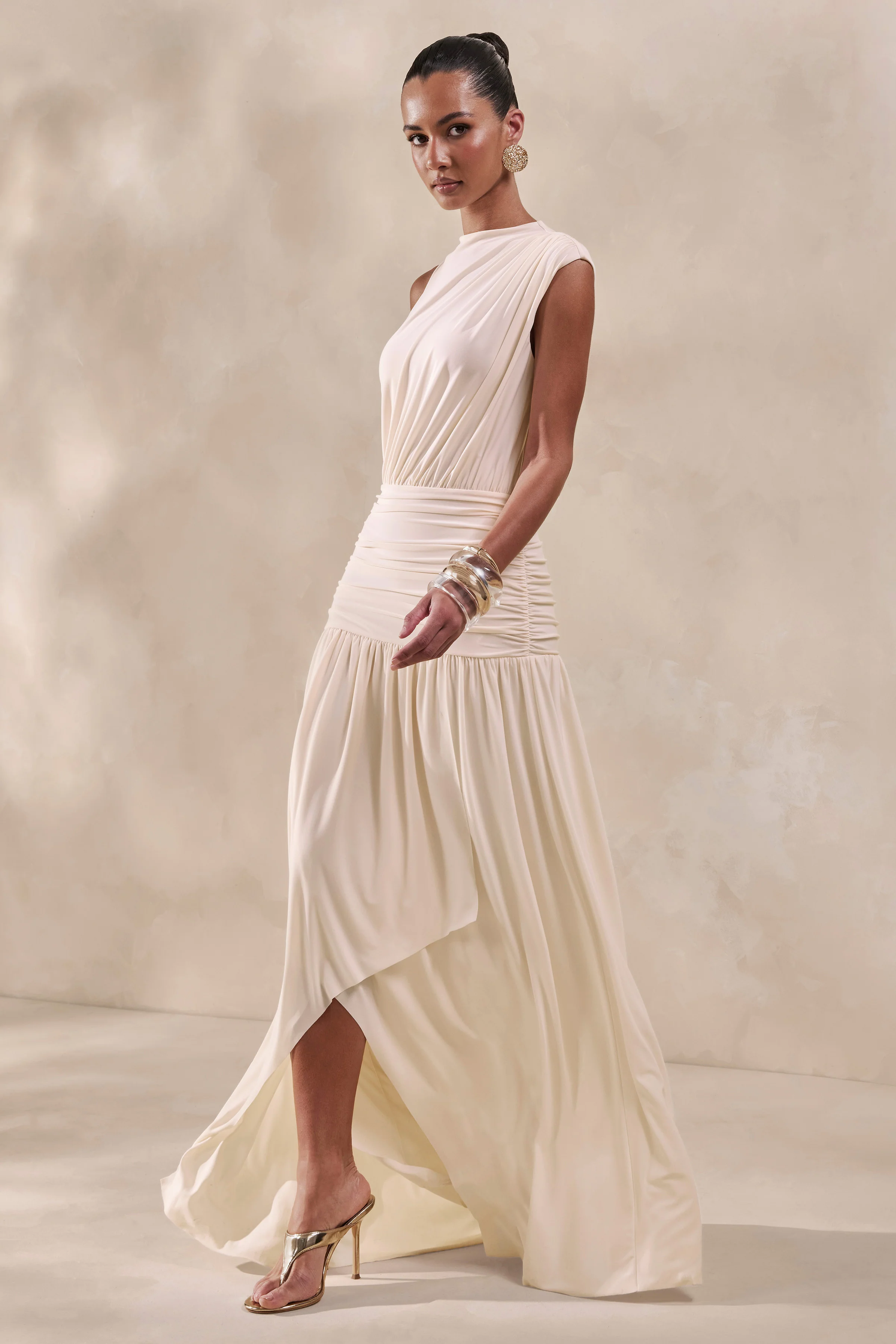 Myssara | Cream High-Neck Maxi Dress Gathered-Detailing - Image 5
