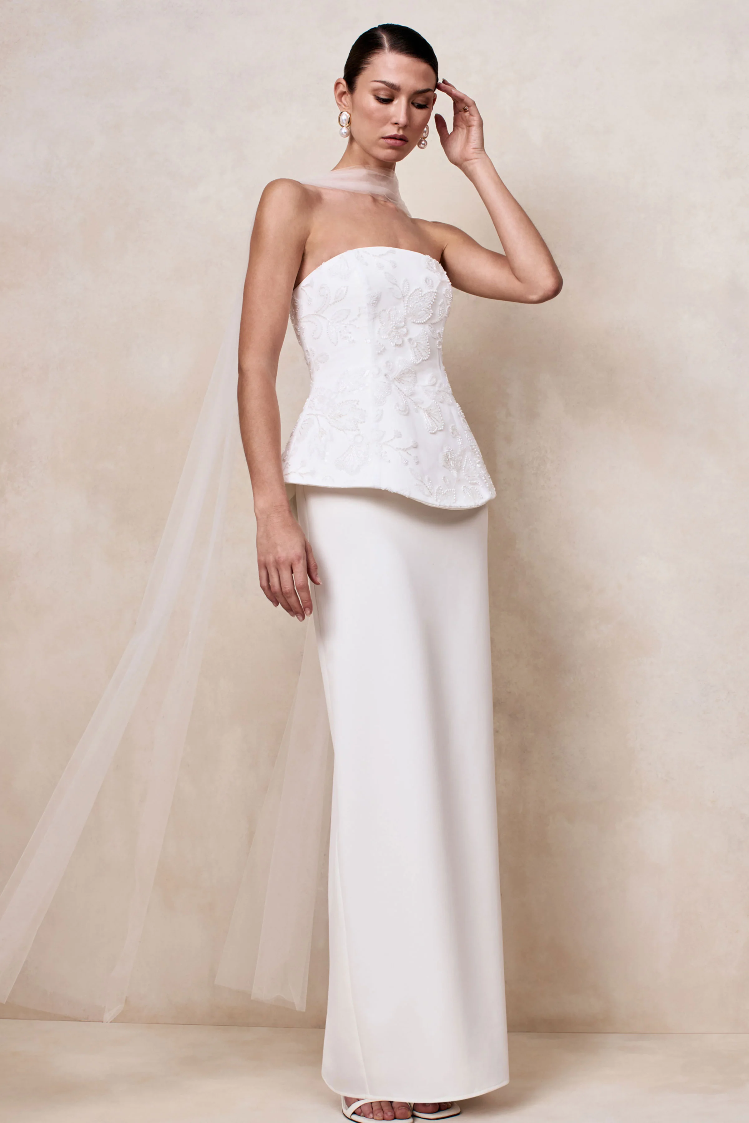 Naira | White Satin Bandeau Corset Maxi Dress With Sheer Scarf - Image 7