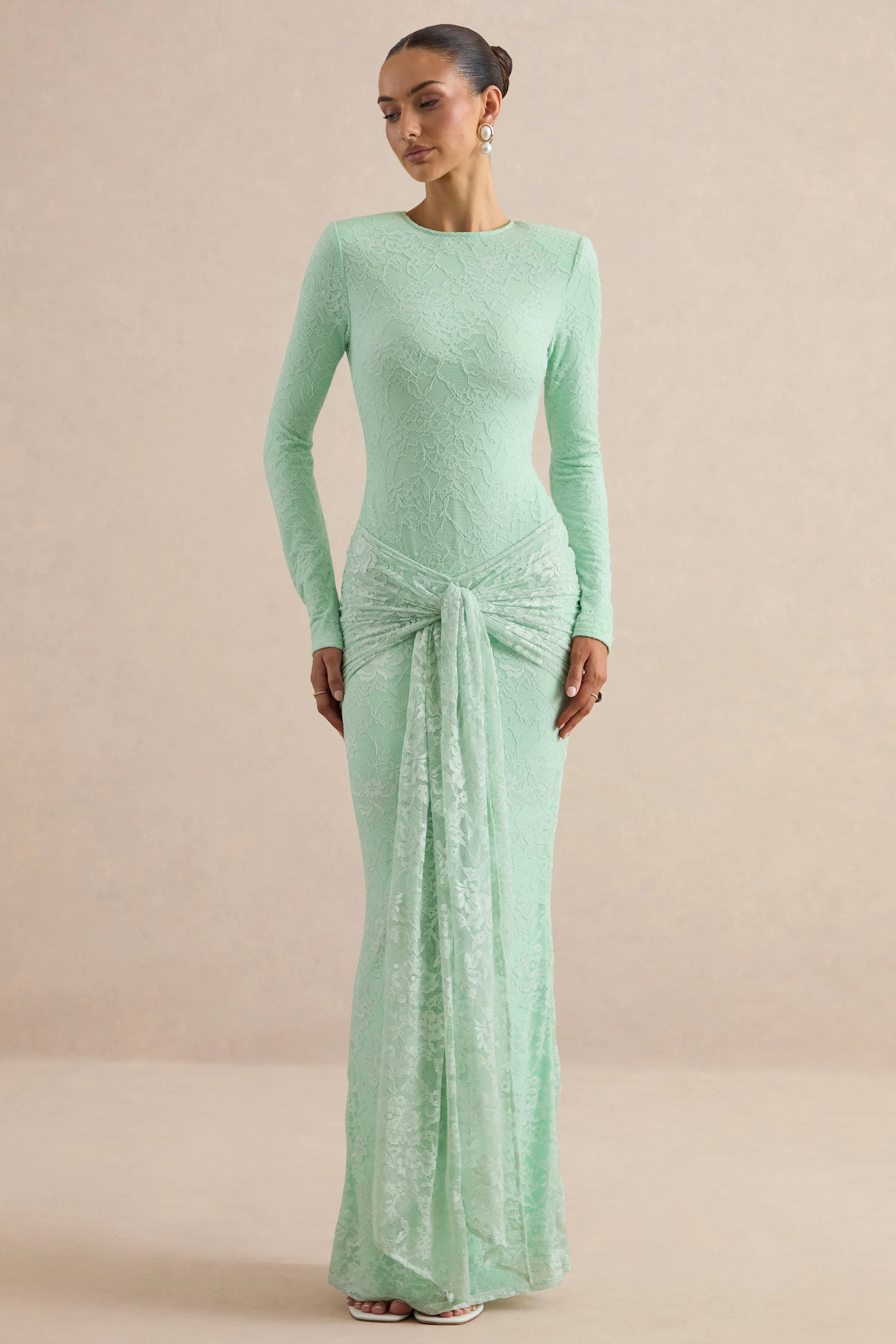 Neriva | Mint Lace Maxi Skirt With Gathered Detailing And Sash - Image 3