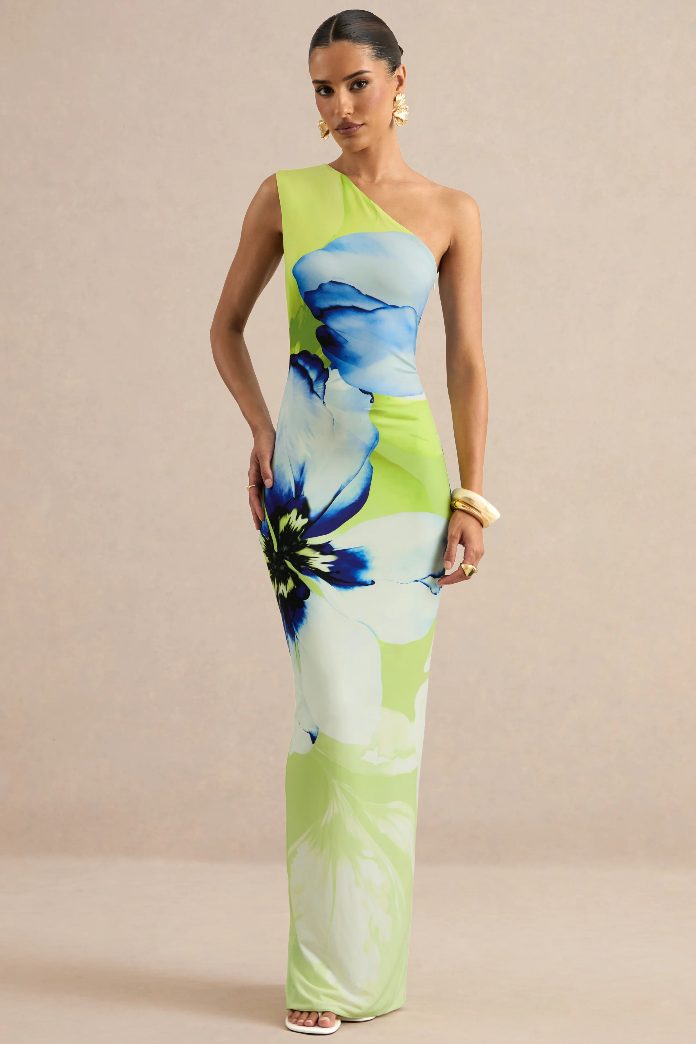 Niya | Lime And Blue Floral Placement Print Asymmetric-Neck Maxi Dress - Image 2