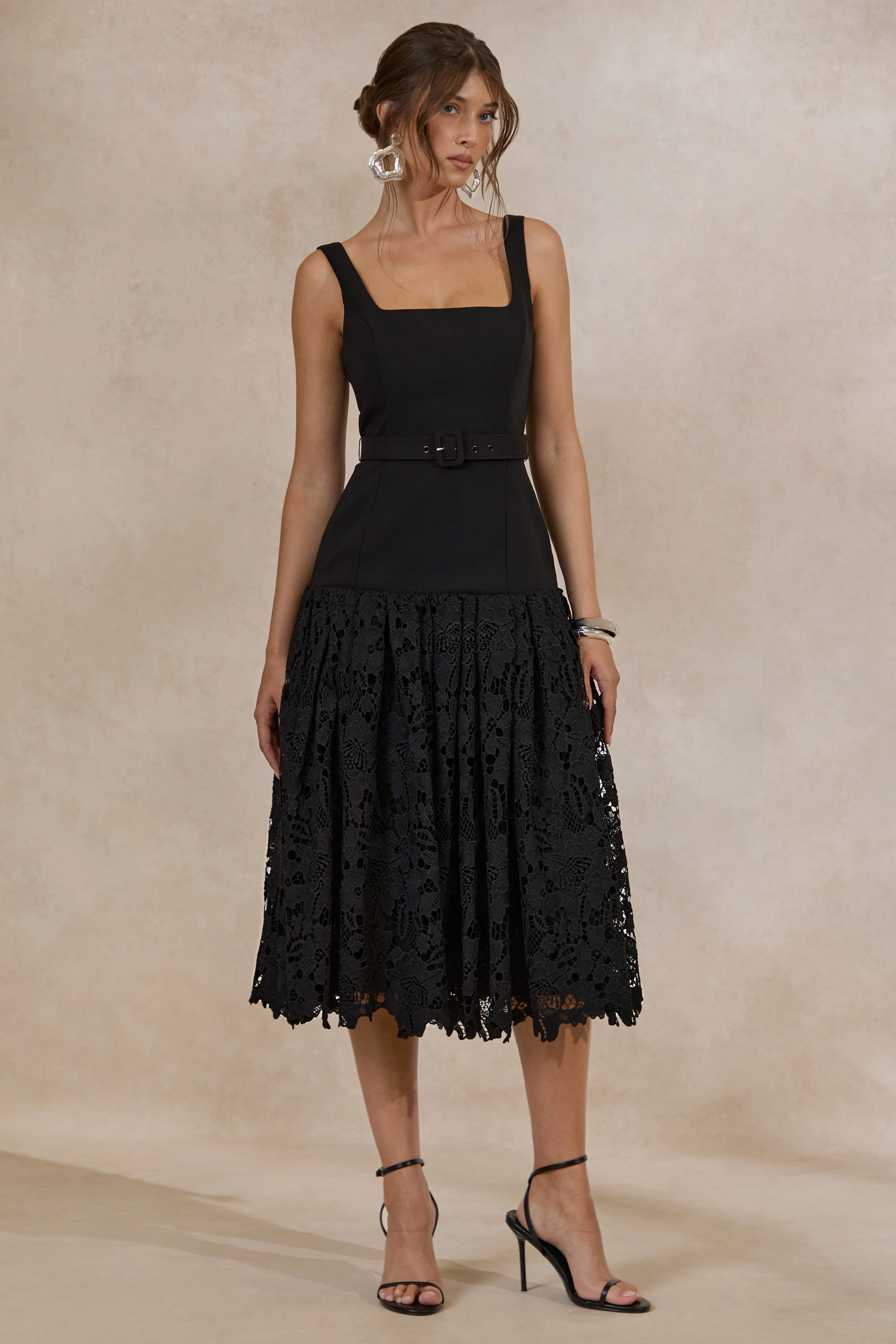 Norrie | Black Square-Neck Midi Dress With Voluminous Lace Skirt - Image 5