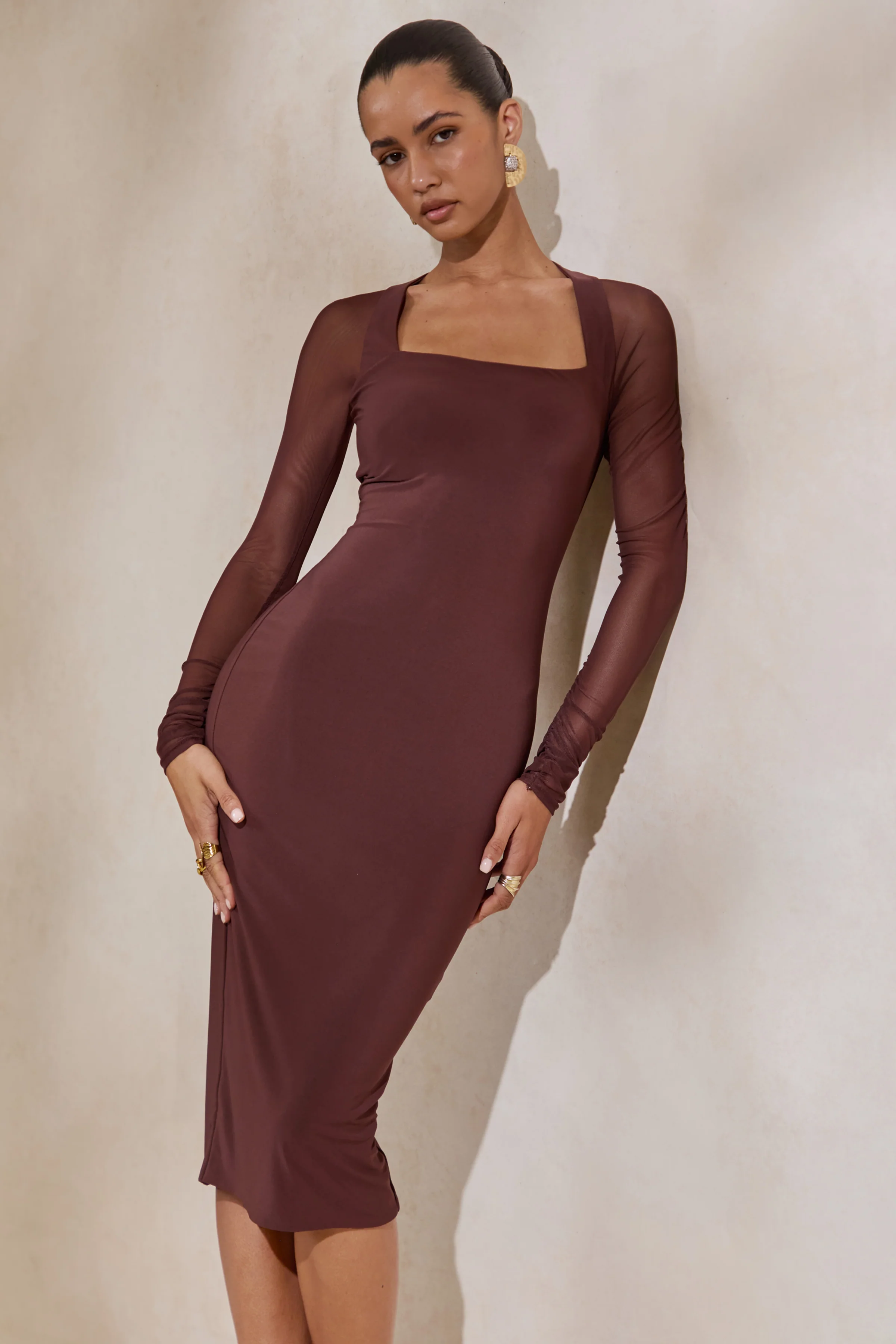 Off Track | Brown Bodycon Midi Dress With Sheer Sleeves - Image 3