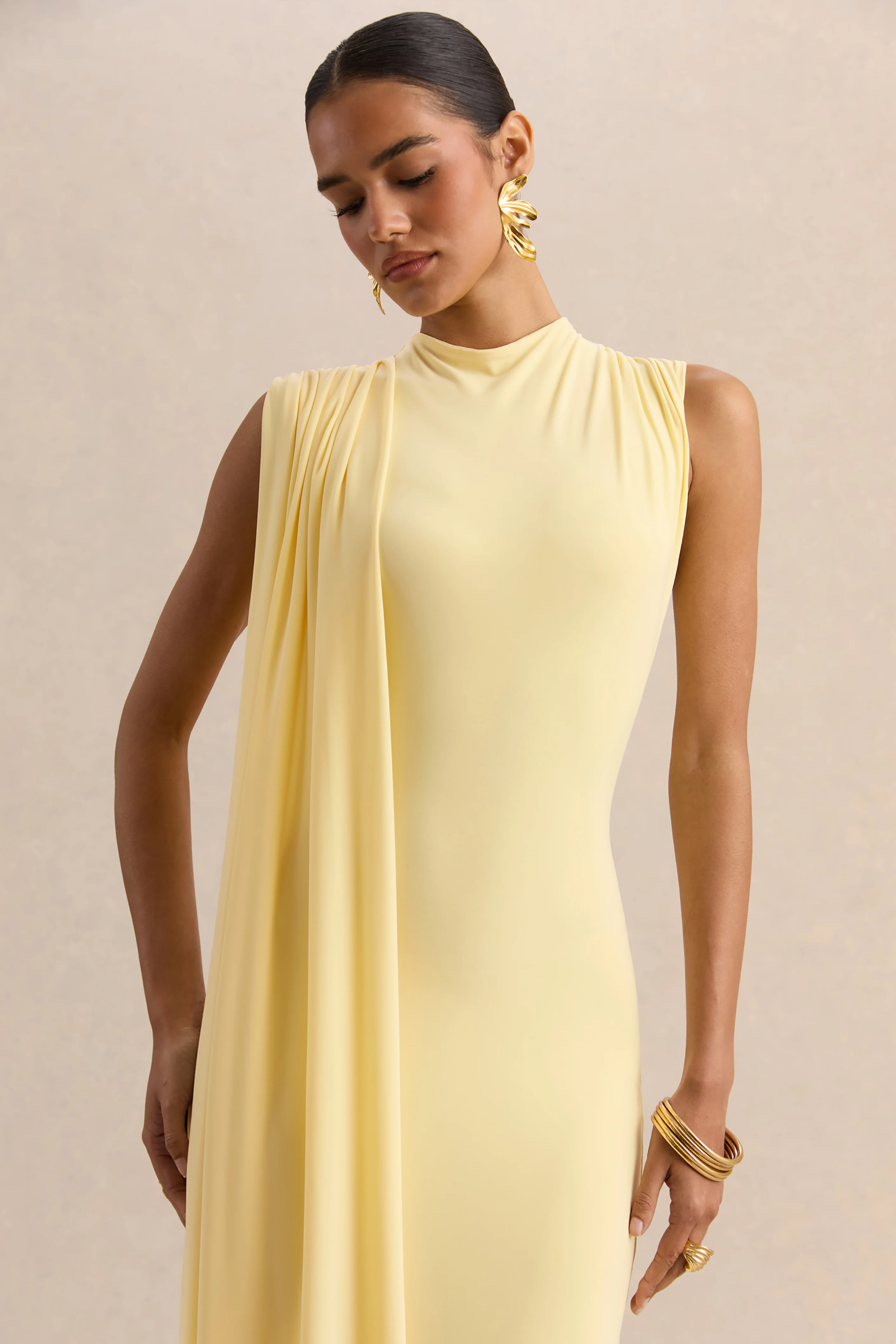 Oleandra | Lemon High-Neck Midi-Dress With Draped-Detail - Image 3