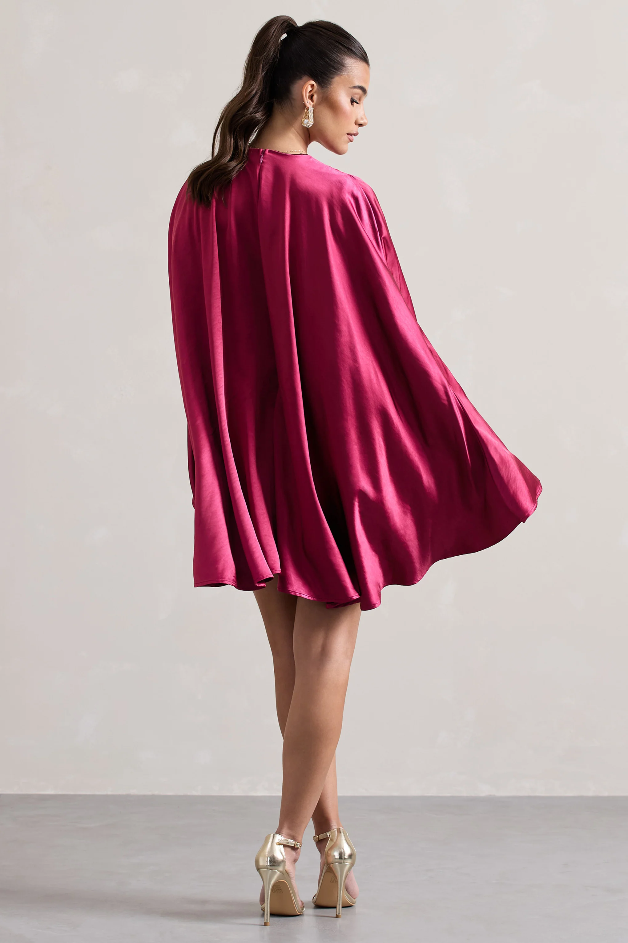 Olsen | Raspberry Satin Plunge-Neck Cape Mini Dress - Image 2