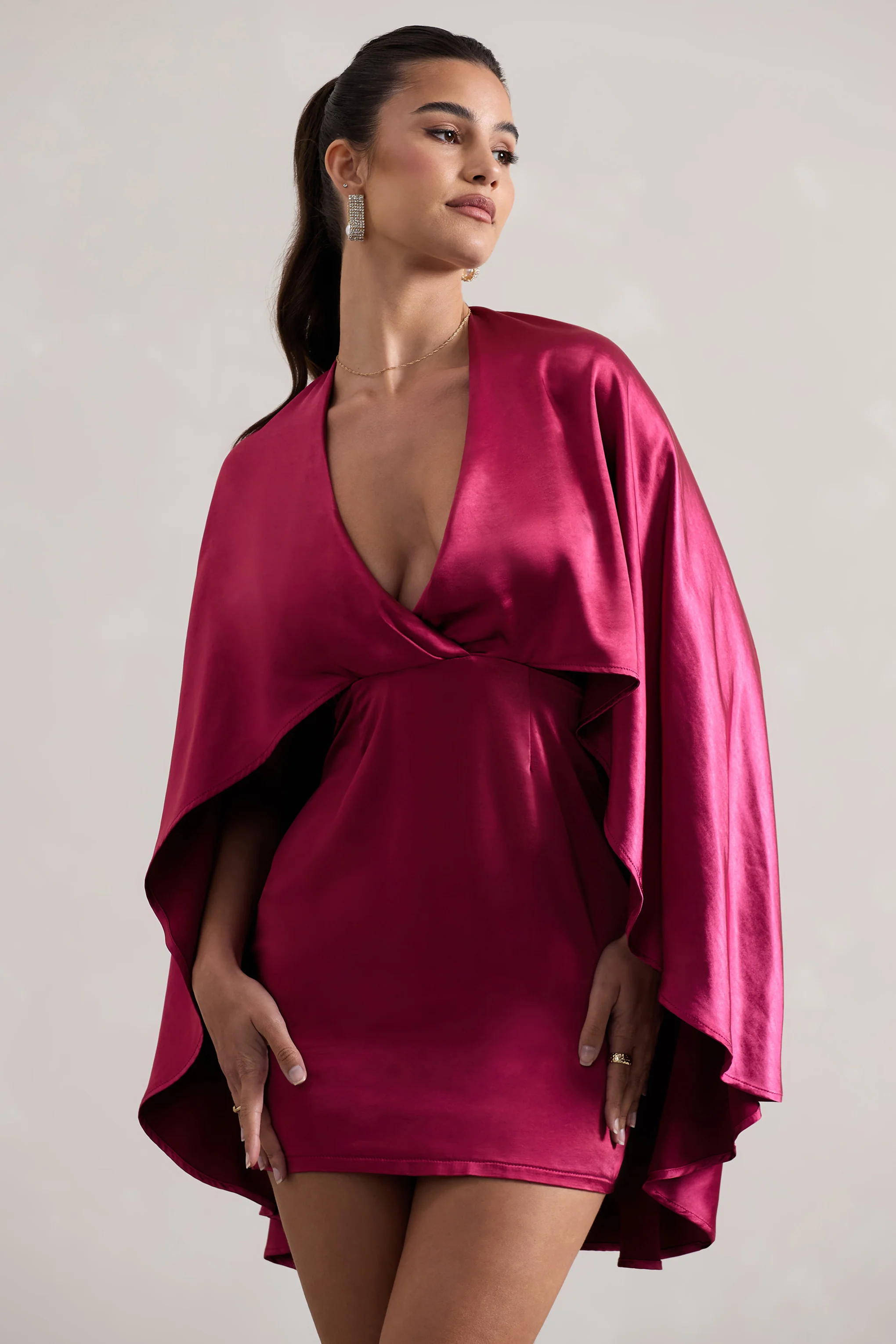 Olsen | Raspberry Satin Plunge-Neck Cape Mini Dress - Image 3