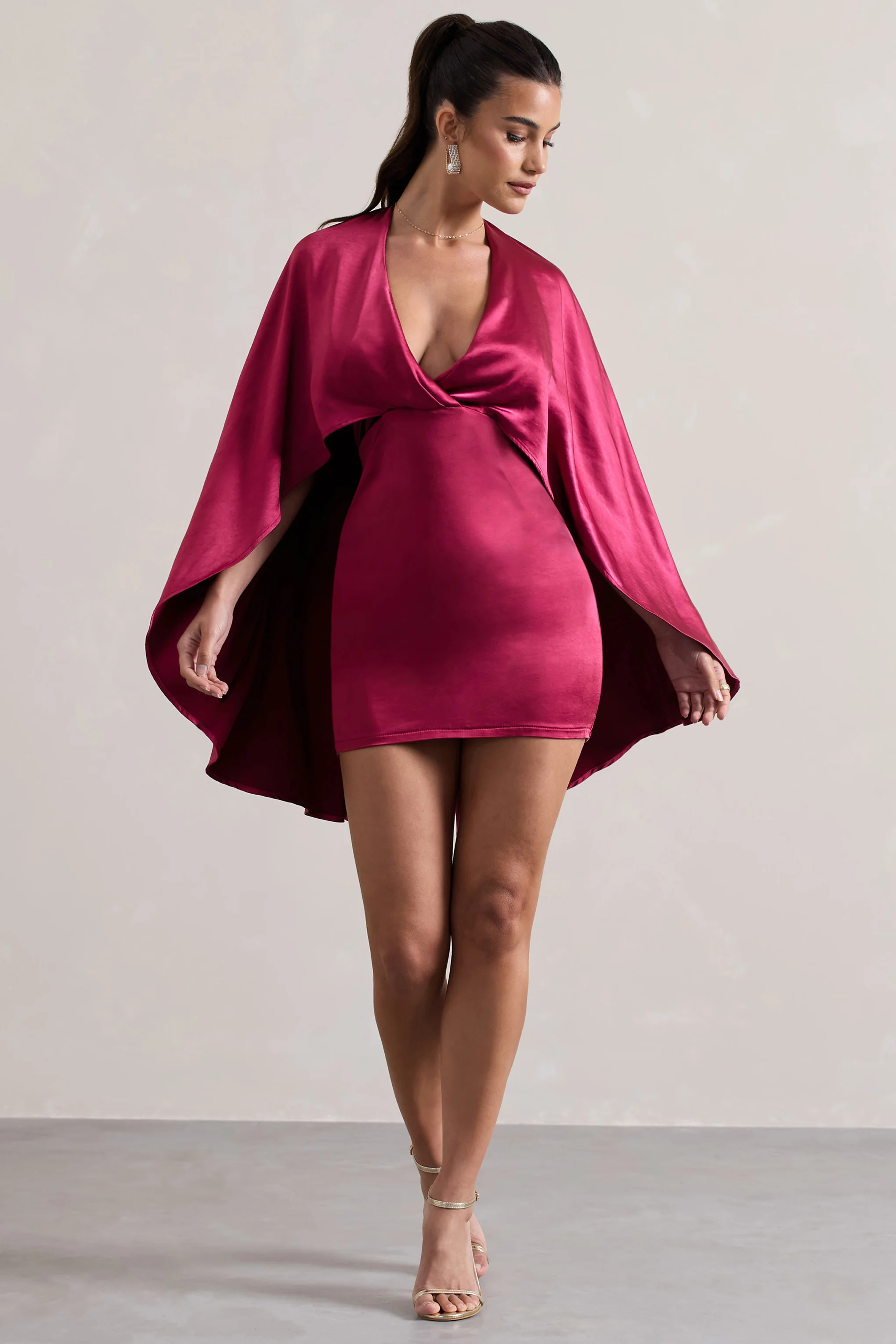 Olsen | Raspberry Satin Plunge-Neck Cape Mini Dress - Image 4