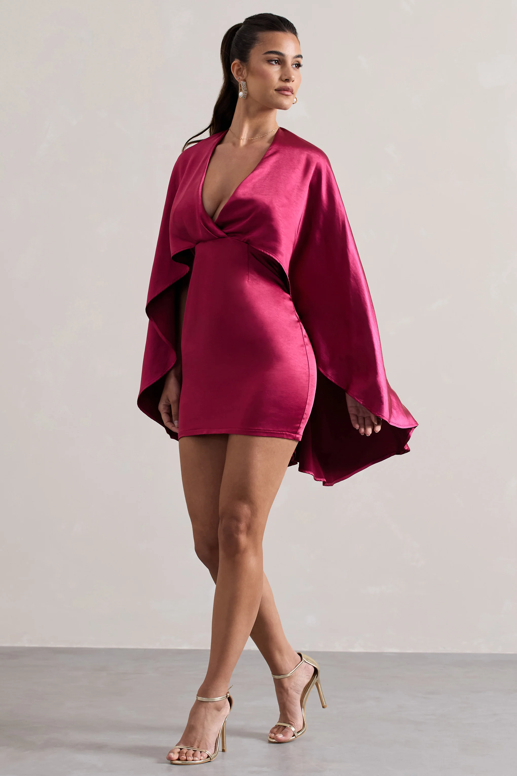 Olsen | Raspberry Satin Plunge-Neck Cape Mini Dress - Image 5