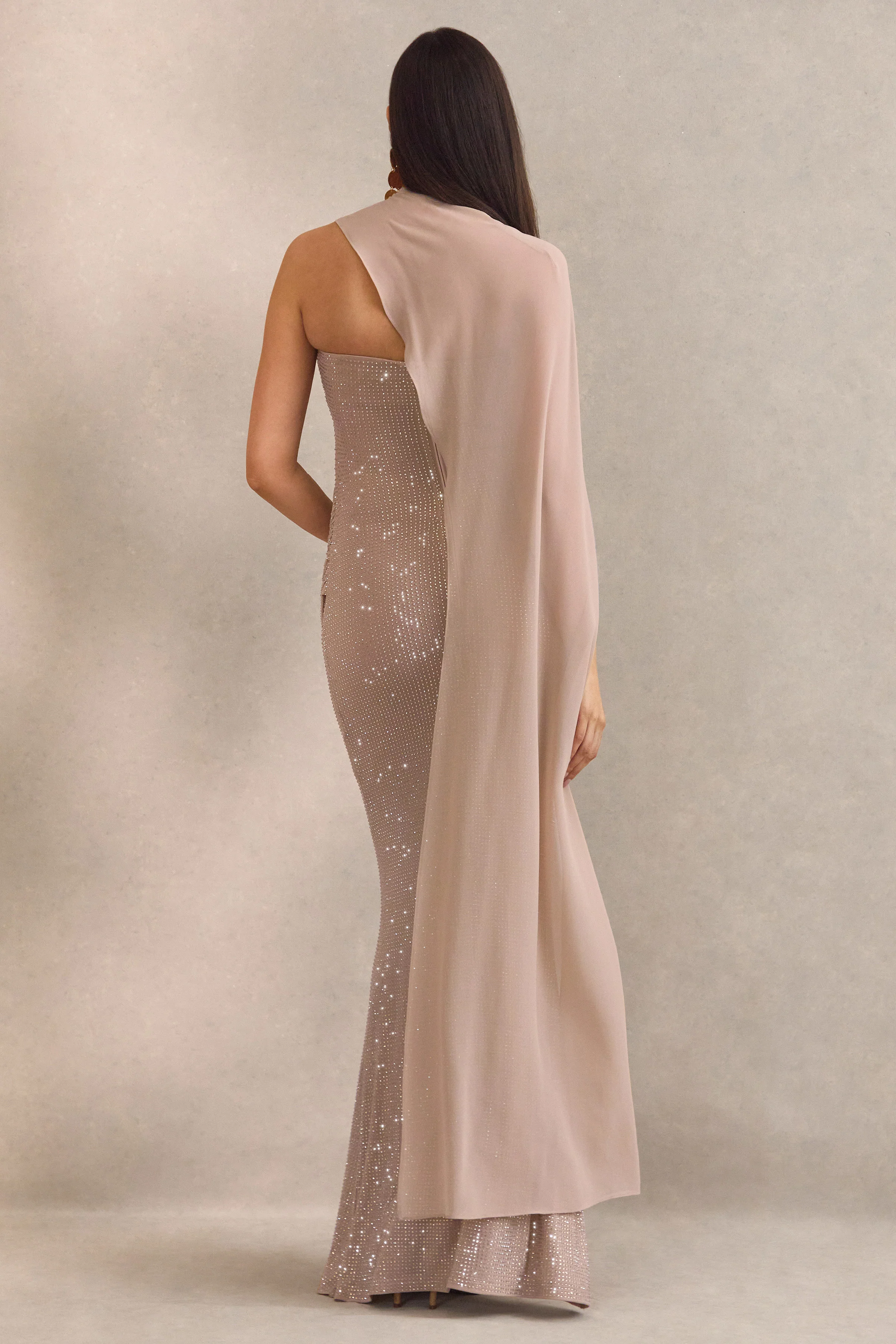 Ottoline | Champagne Hotfix Asymmetric-Neck Maternity Maxi Dress With Sheer Cape Detail - Image 2