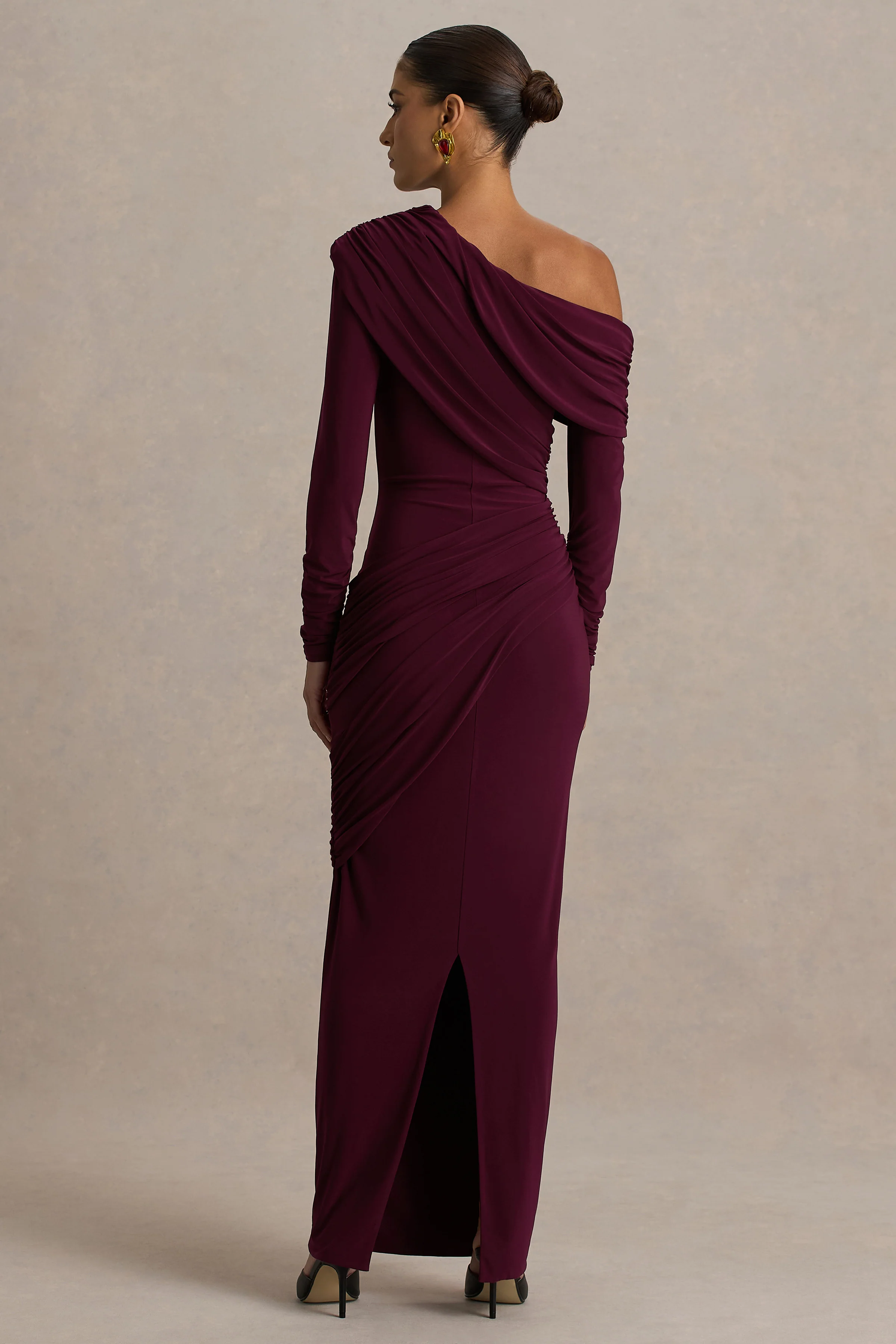Perrie | Burgundy Asymmetric-Neck Maxi Dress With Ruched Detailing - Image 2