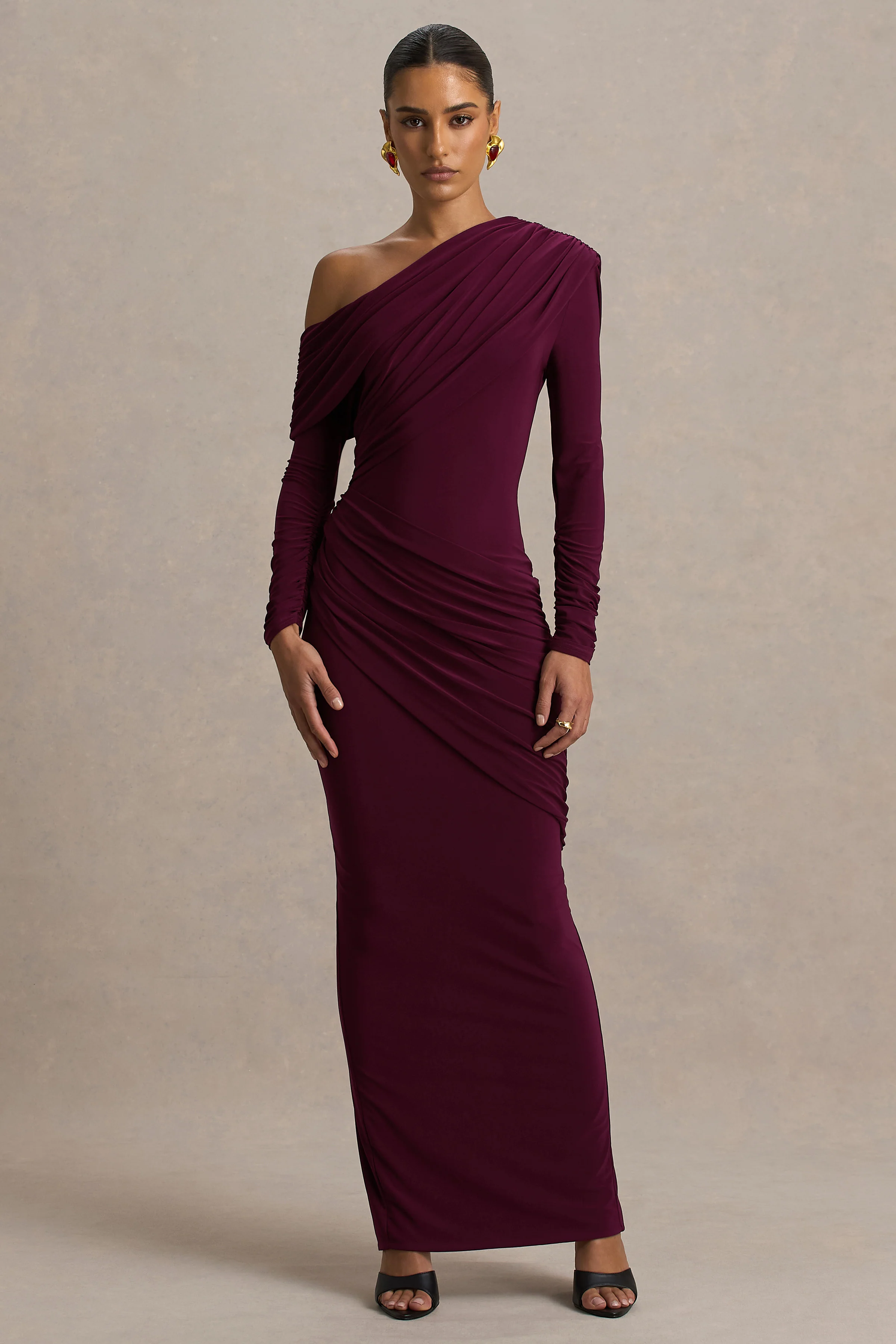 Perrie | Burgundy Asymmetric-Neck Maxi Dress With Ruched Detailing - Image 5