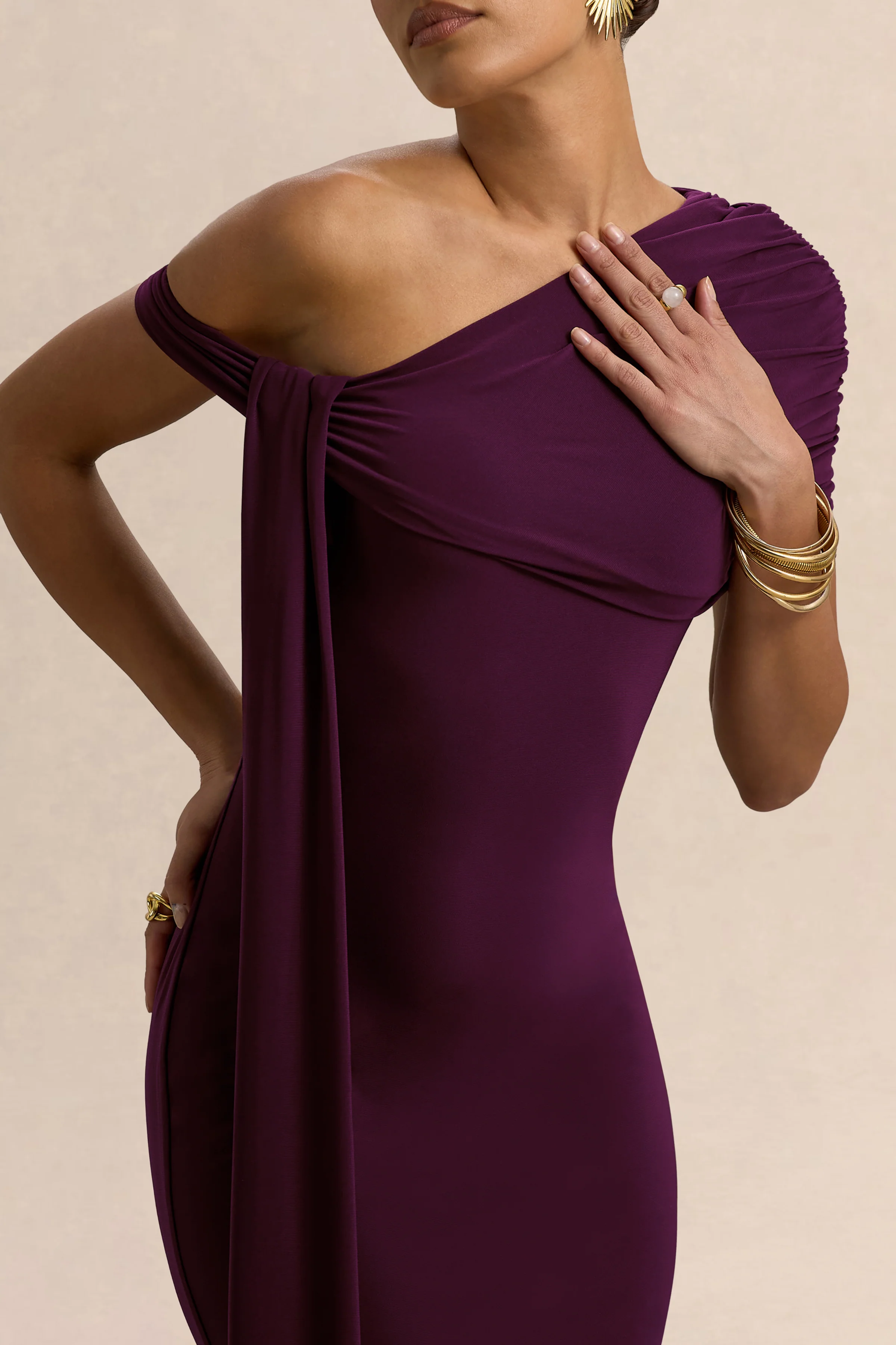 Praia | Plum Asymmetric-Neck Midi Dress With Sash and Draped Detailing - Image 3