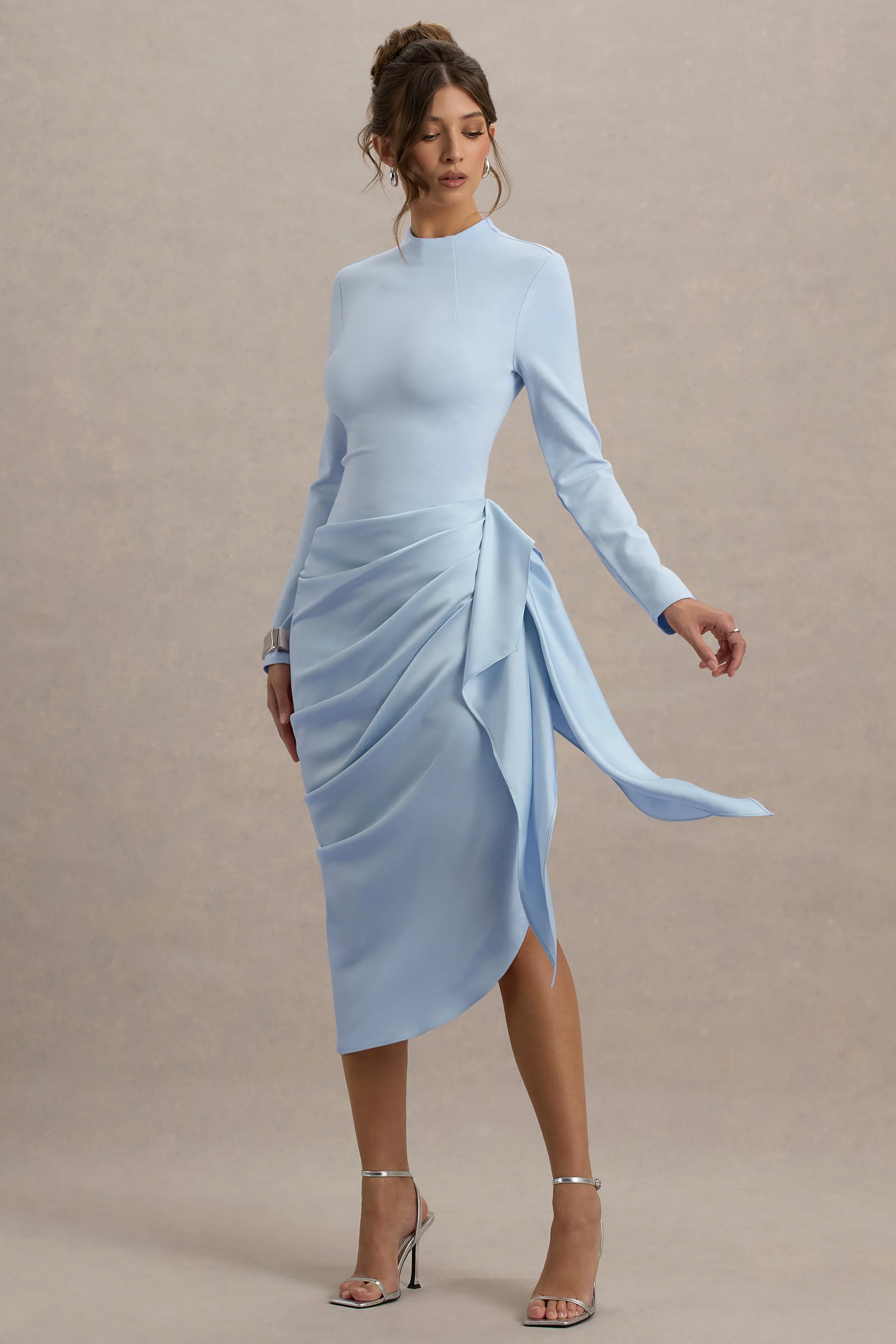 Raffie | Powder Blue Long-Sleeve Midi Dress With Satin Wrap Skirt - Image 4
