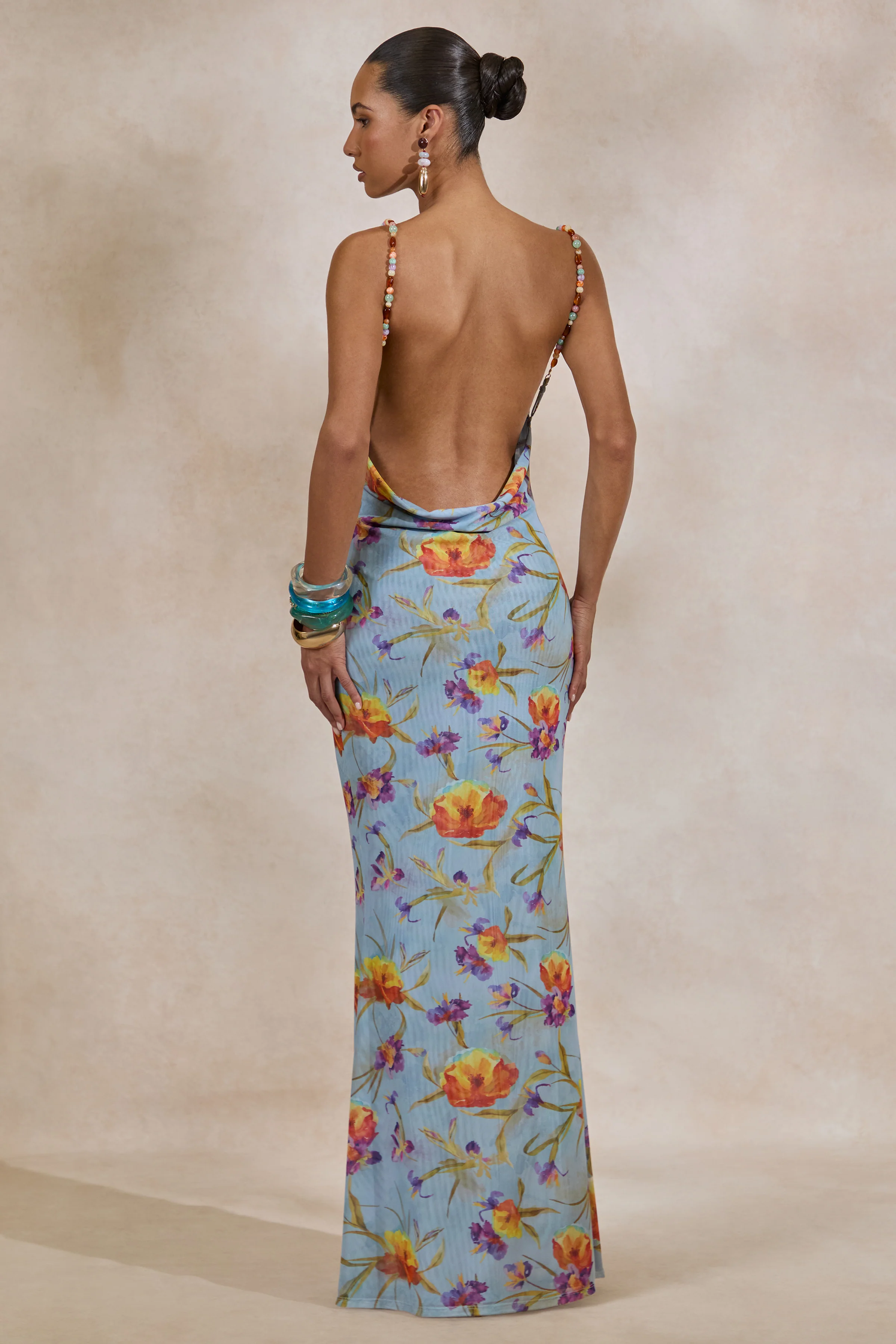Raisa | Blue Floral Mesh Cowl-Neck Maxi Dress - Image 4