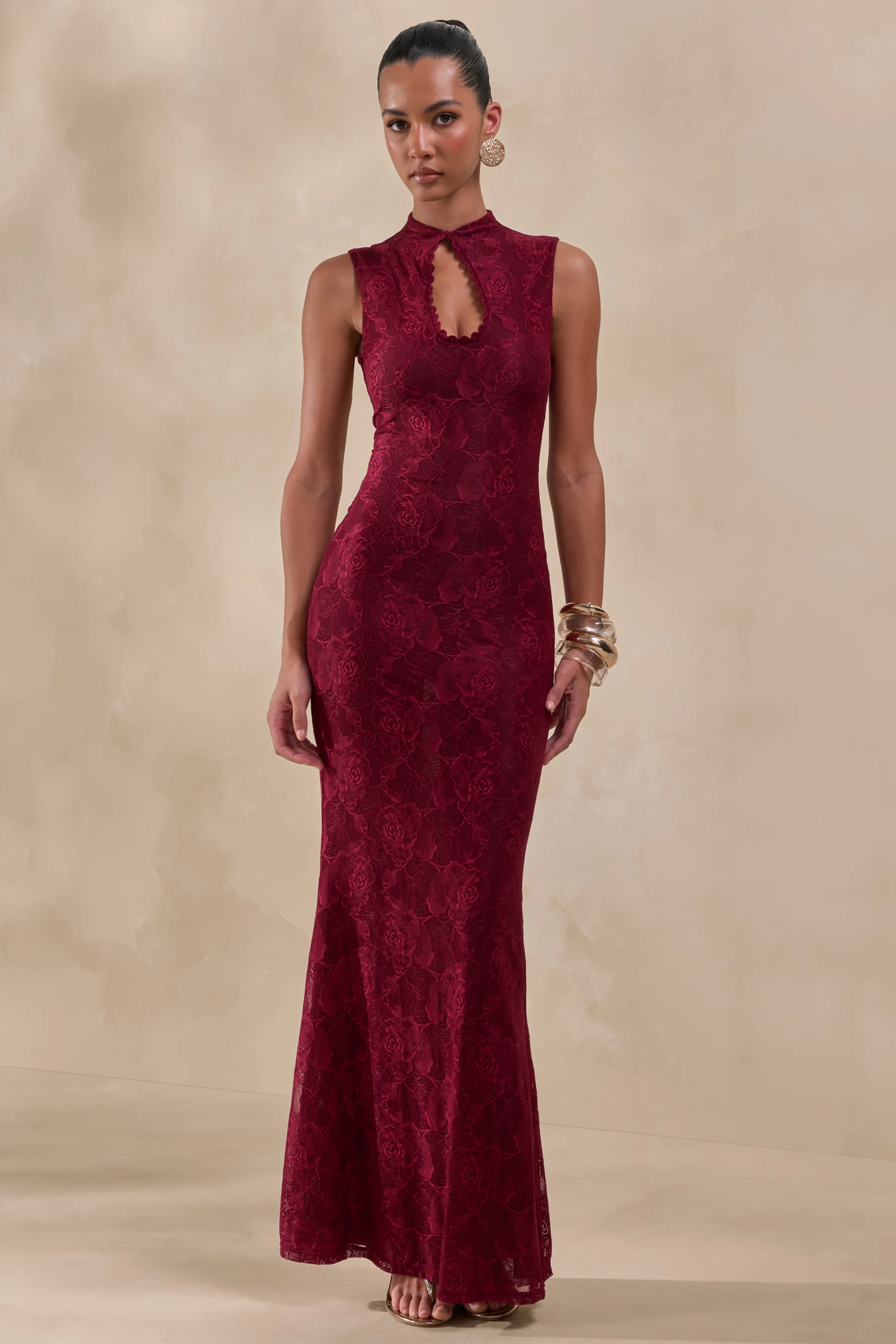 Ravissa | Burgundy Lace High-Neck Maxi Dress