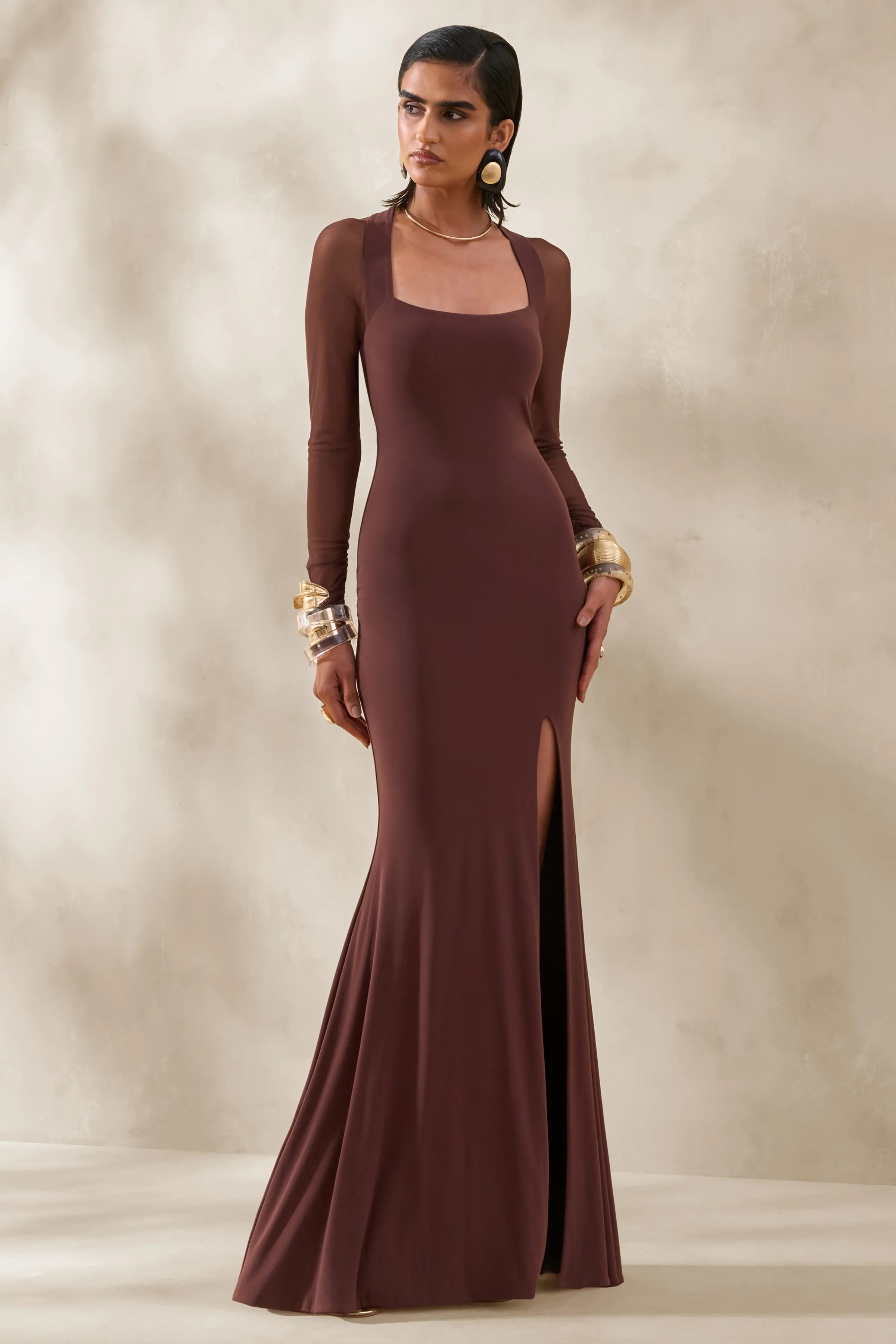 Renalia | Brown Square-Neck Maxi Dress With Mesh Long-Sleeves - Image 5