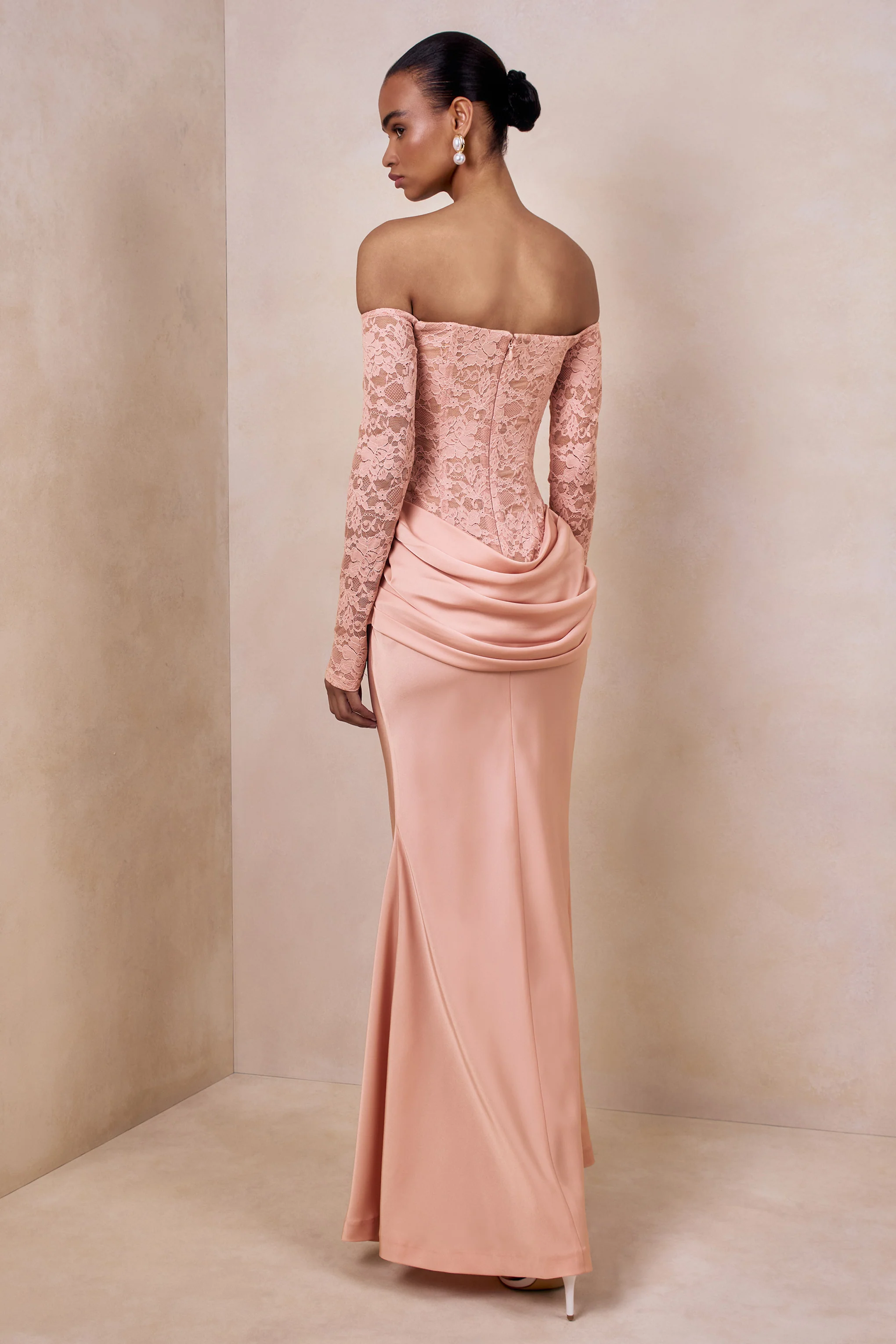 Rinna | Pink Lace And Satin Bardot-Neck Maxi Dress - Image 2