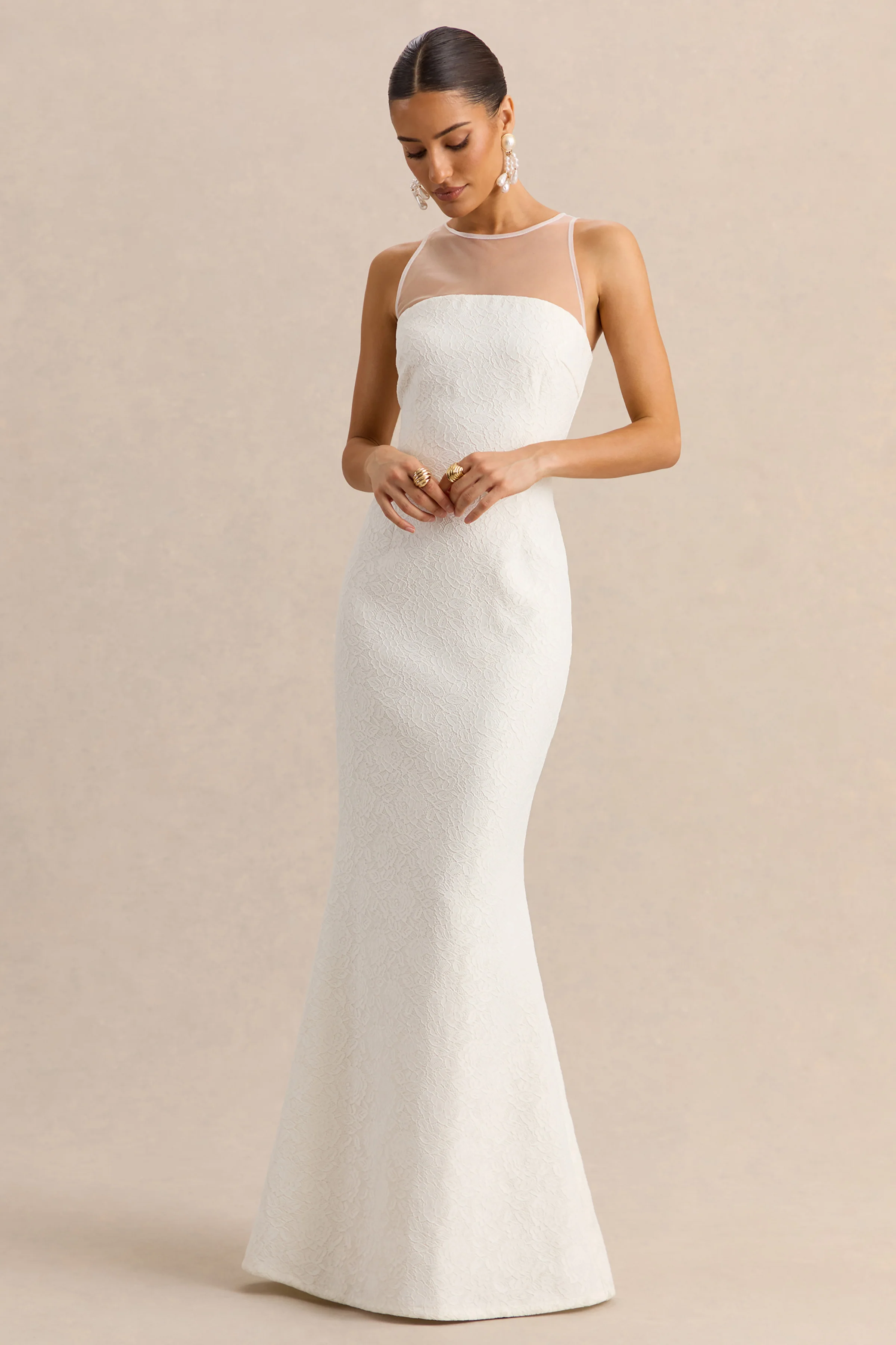 Rosevine | White Lace Crew-Neck Maxi Dress With Mesh Panel - Image 5