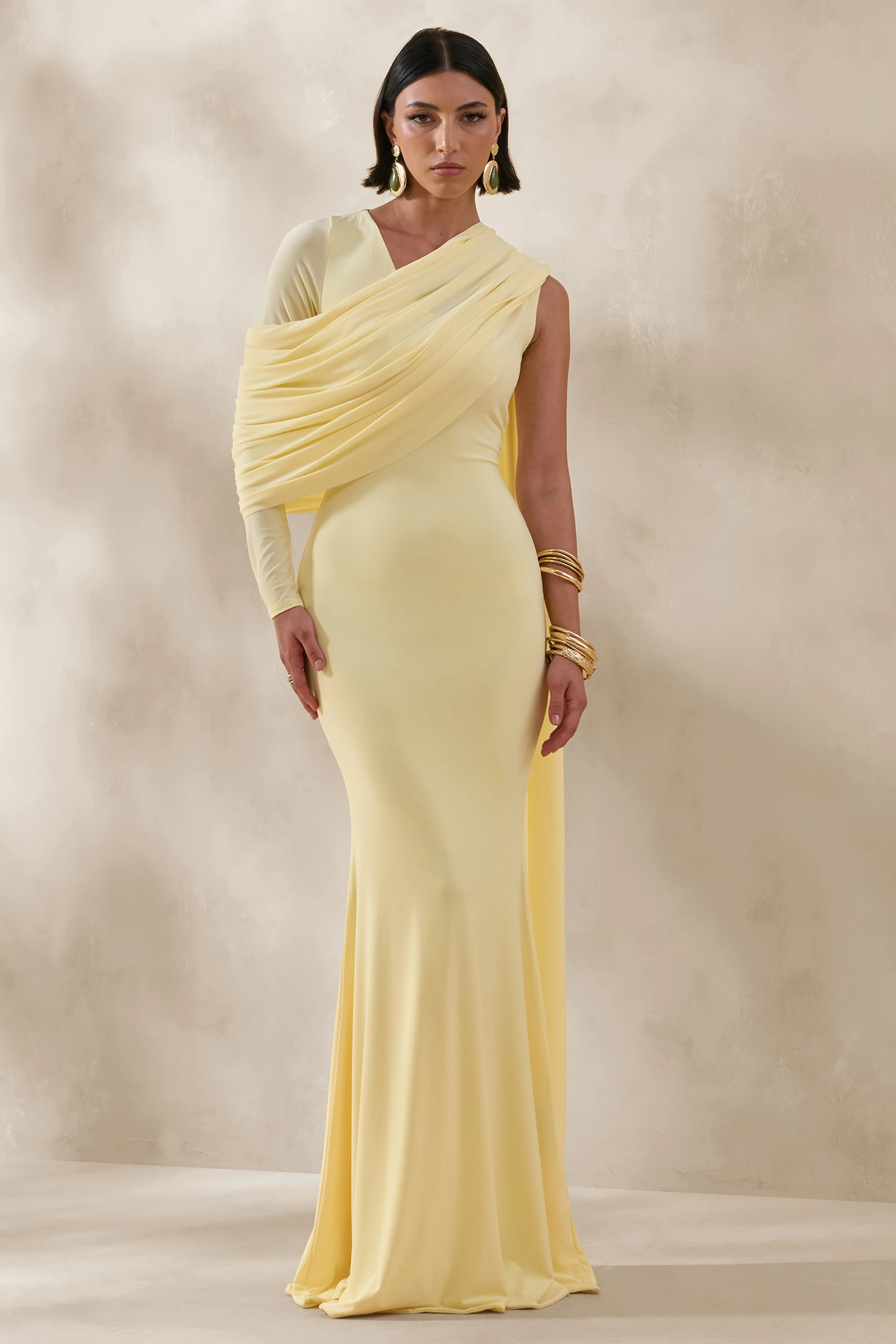 Rubelle | Lemon Asymmetric-Neck Maxi Dress With Draped-Detailing