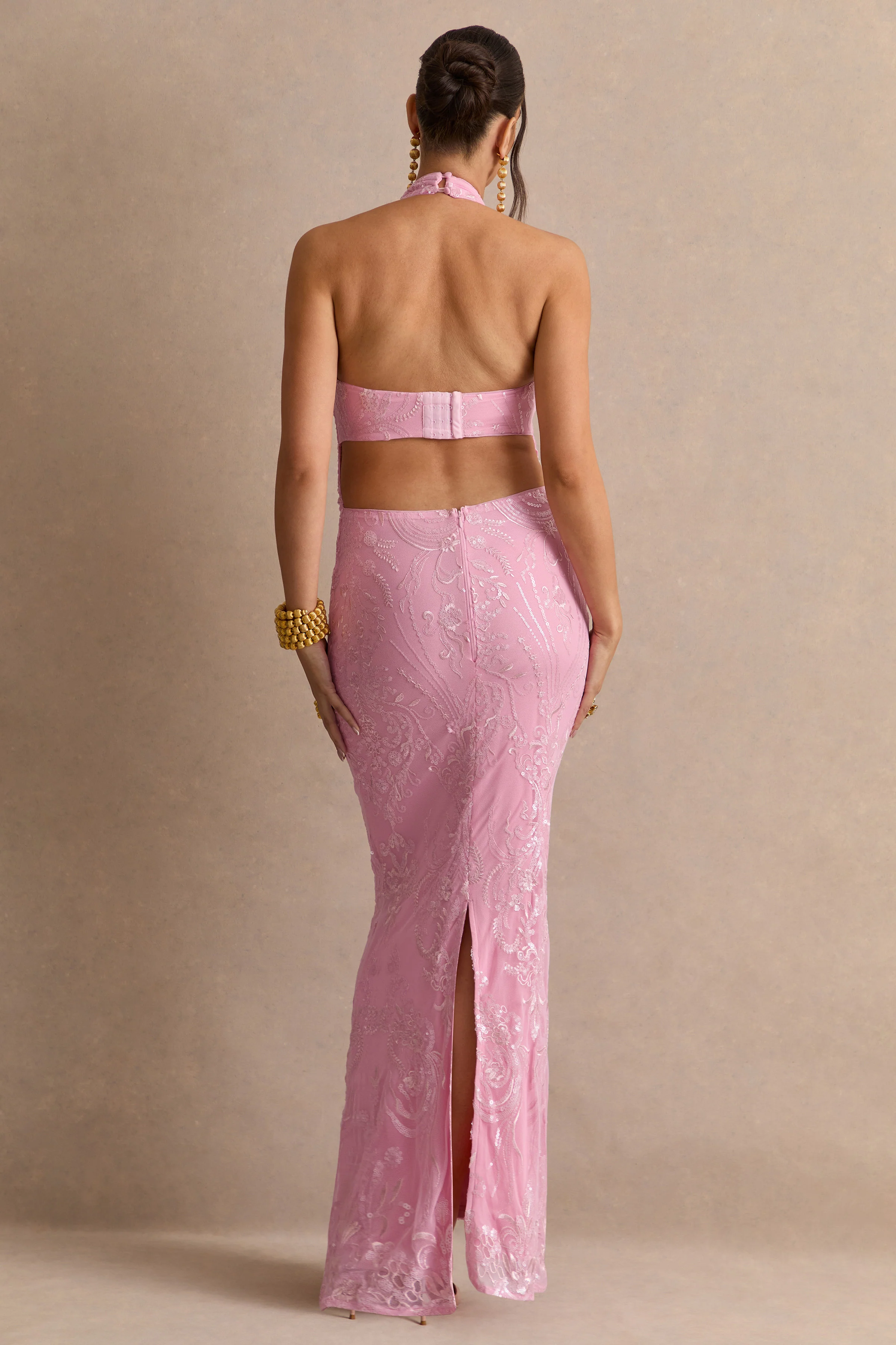 Samina | Pink Lace Halter-Neck Maternity Maxi Dress - Image 2