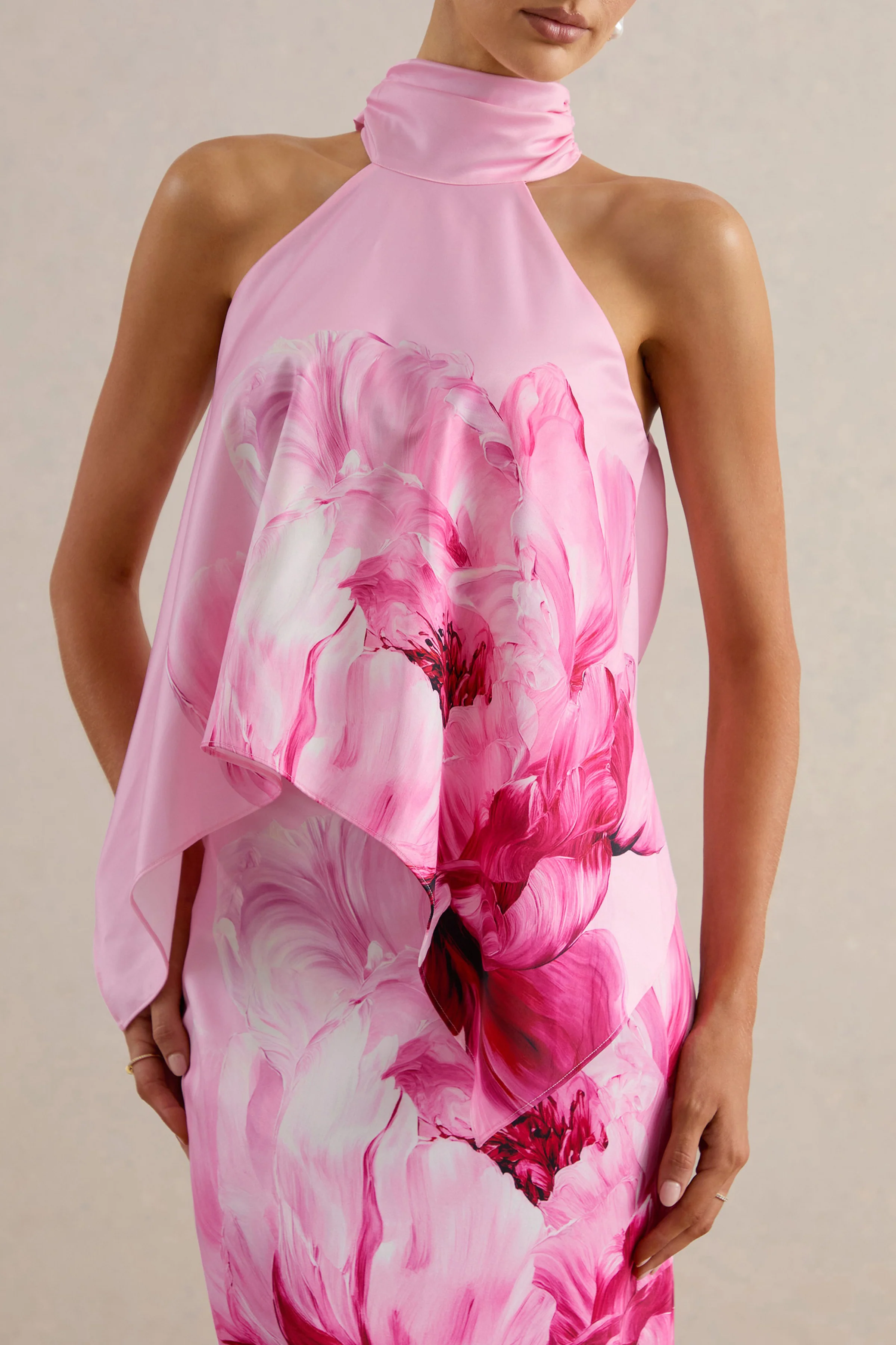 Sancelle | Pink Border Floral Print Matte Satin Halter-Neck Top - Image 4