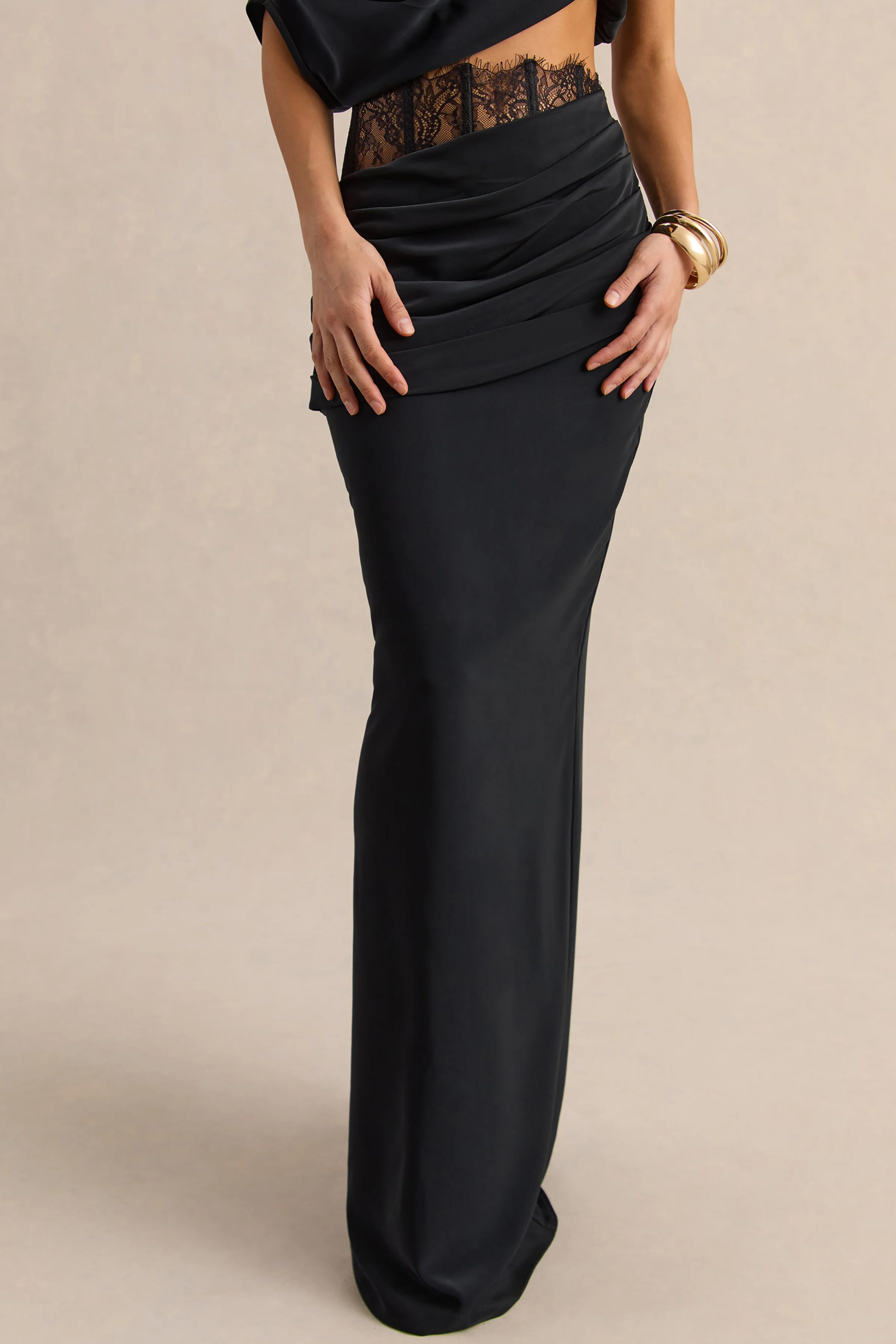 Silora | Black Satin Maxi Skirt With Lace-Detail