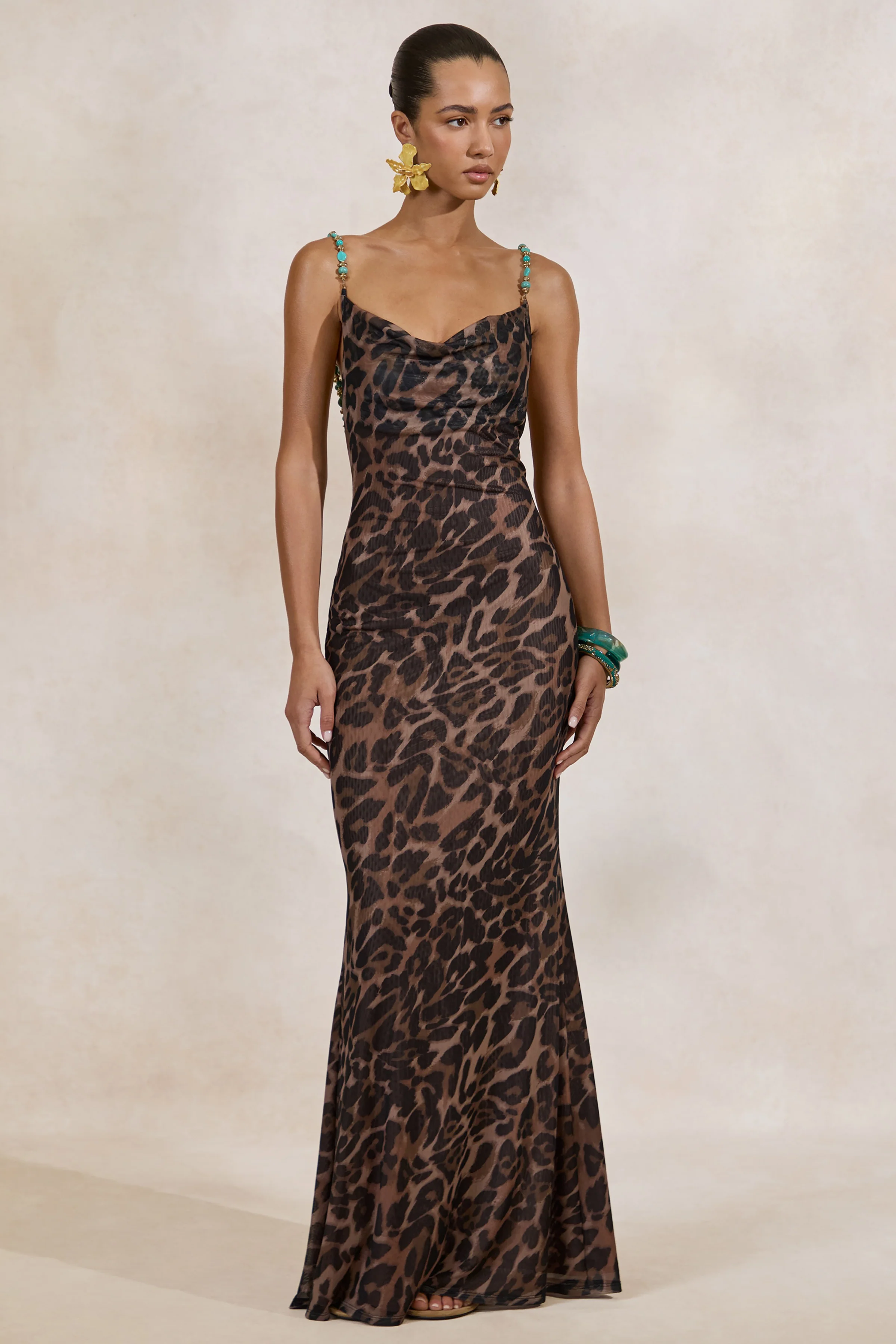 Silvana | Leopard Print Mesh Cowl-Neck Maxi Dress - Image 3