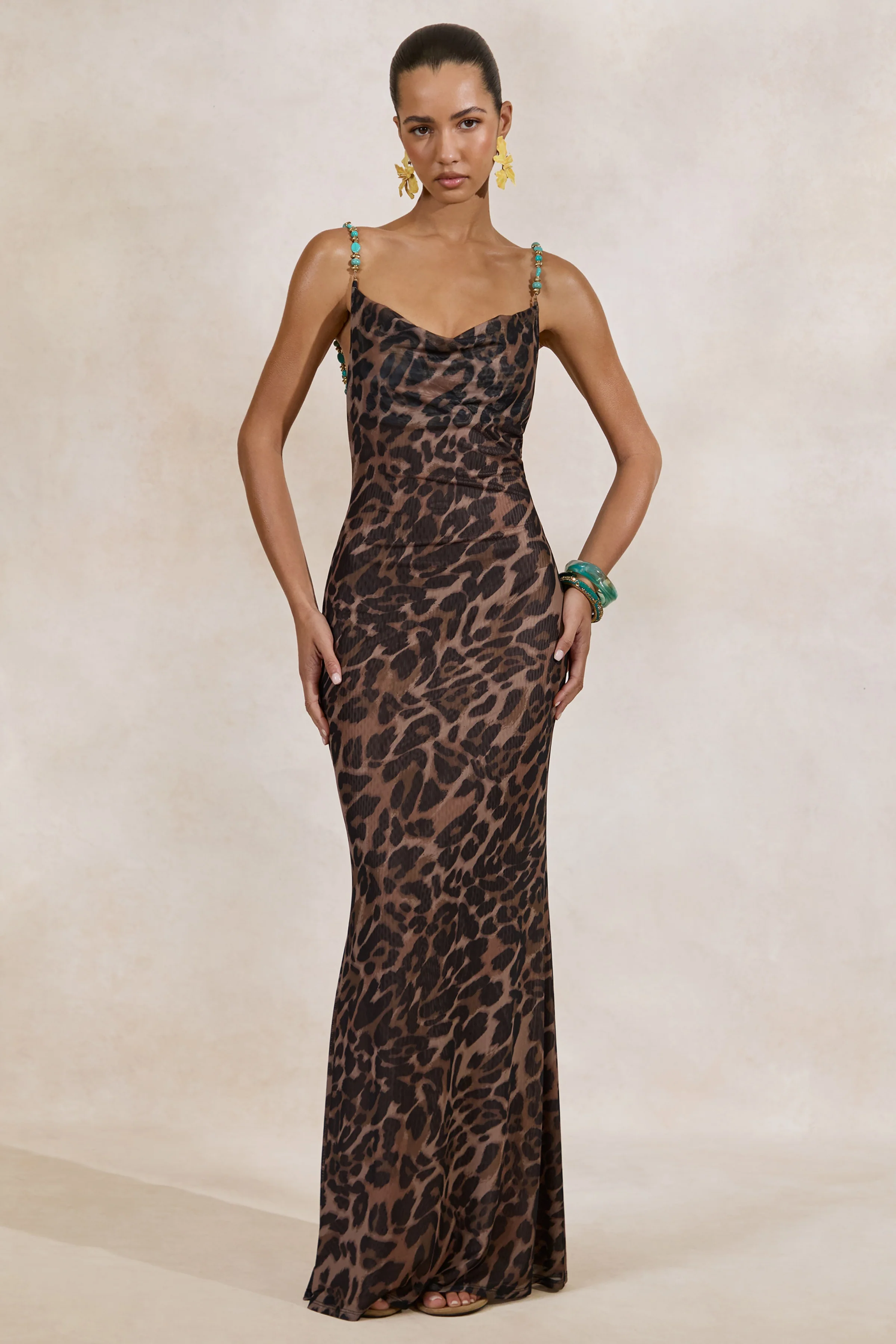 Silvana | Leopard Print Mesh Cowl-Neck Maxi Dress - Image 5