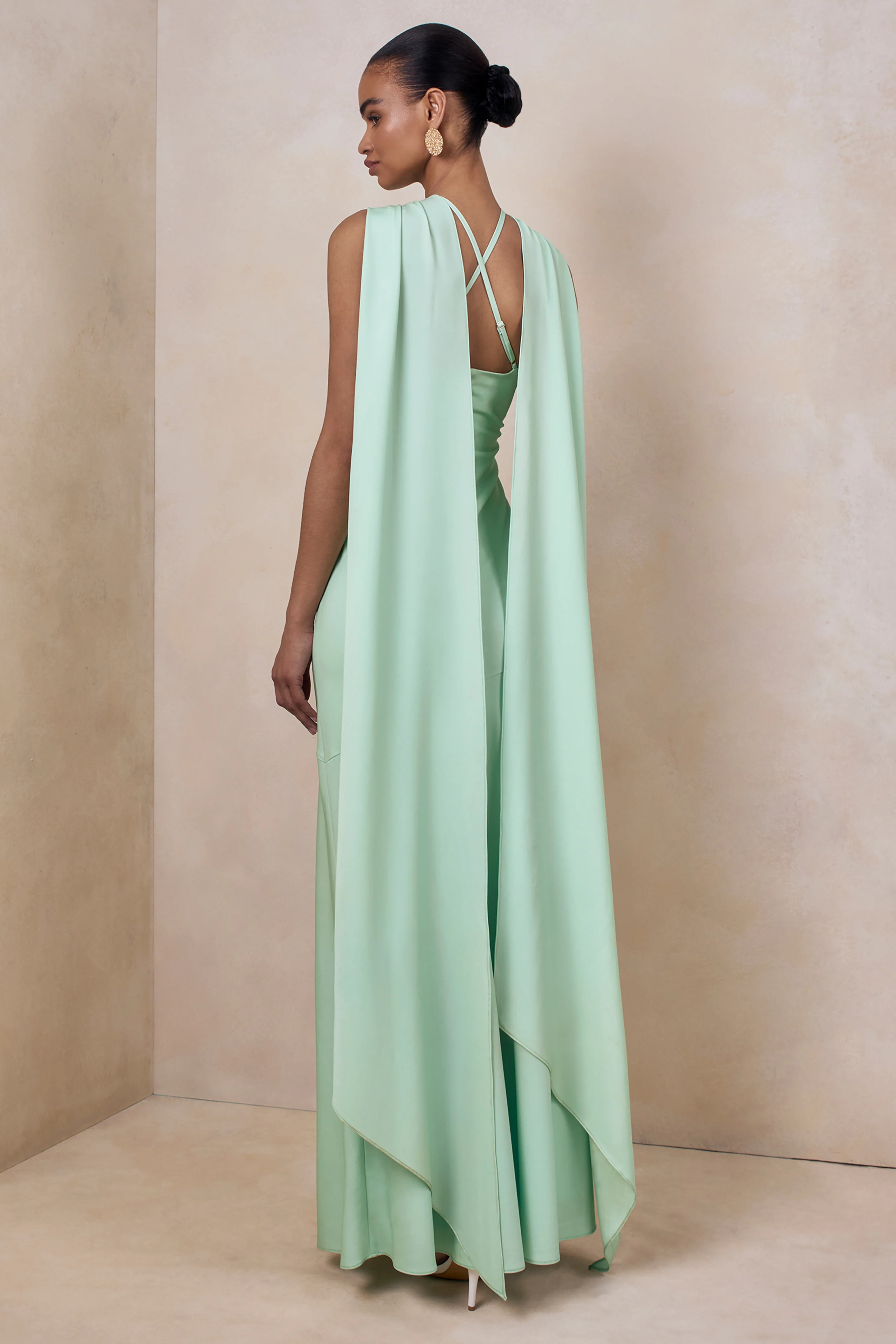 Sloane | Mint Matte Satin Halter-Neck Maxi Dress With Cape - Image 2
