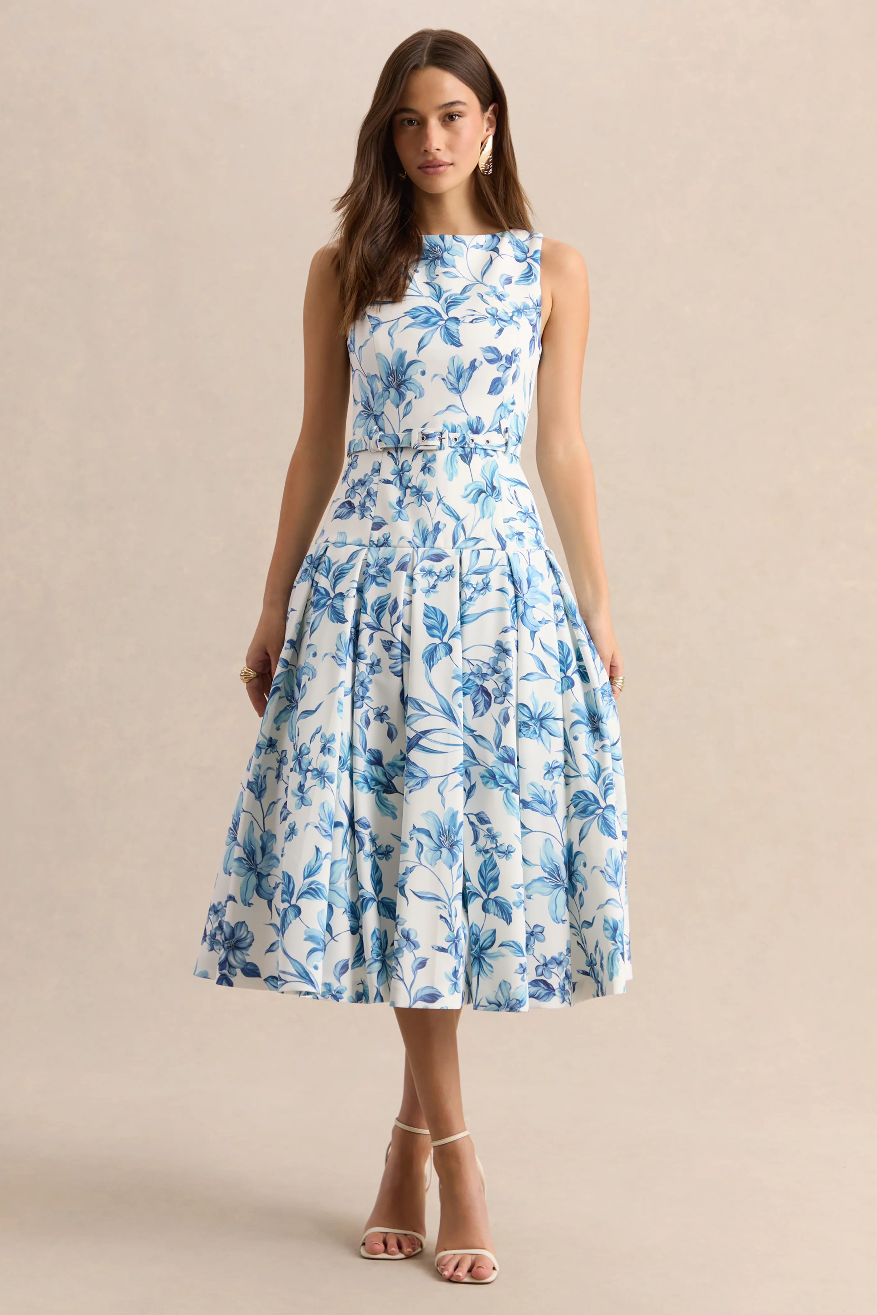 Sunnira | Blue Porcelain Print Boat-Neck Midi Dress With Drop-Waist - Image 5
