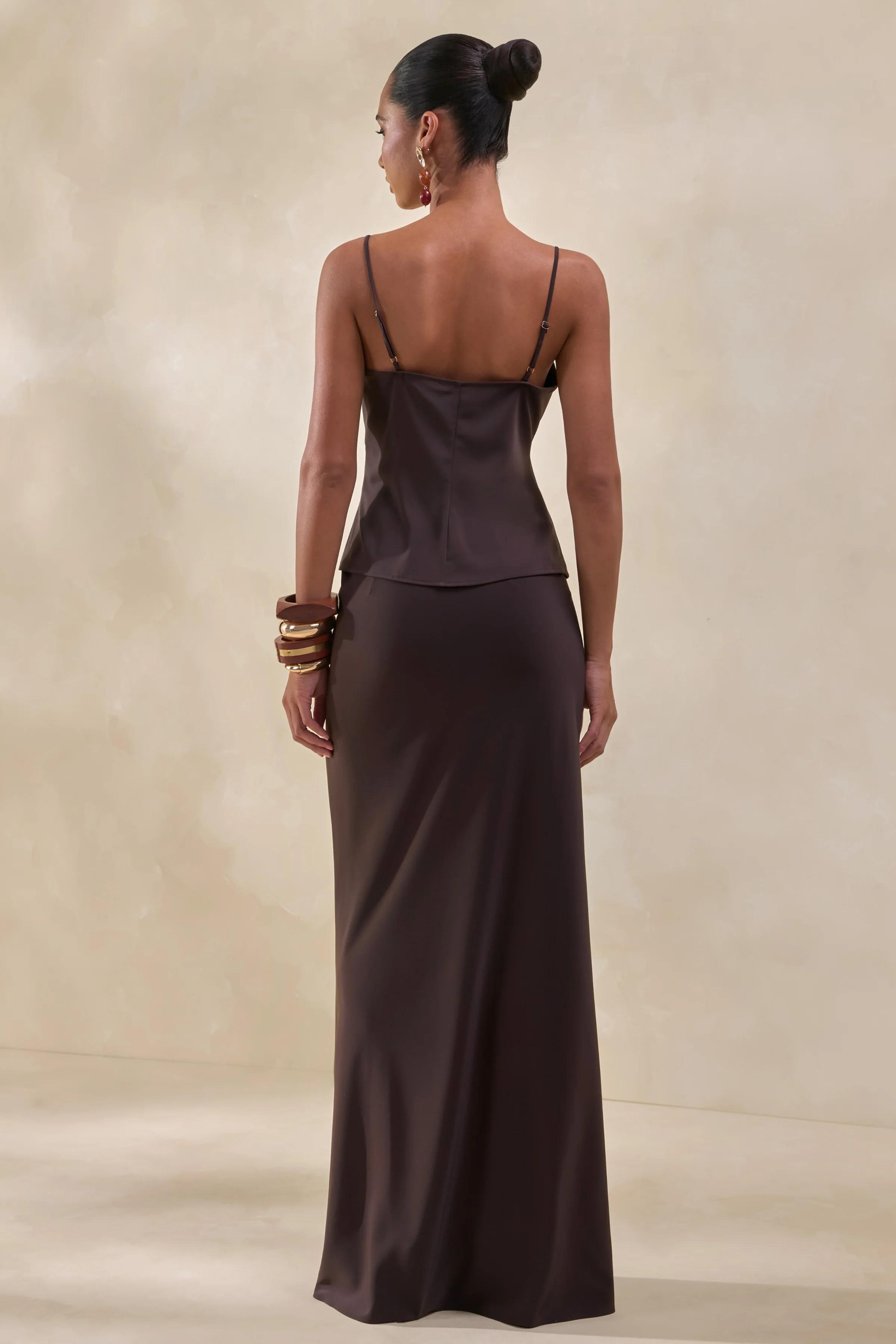 Sybella | Dark Brown Satin Maxi Skirt - Image 3
