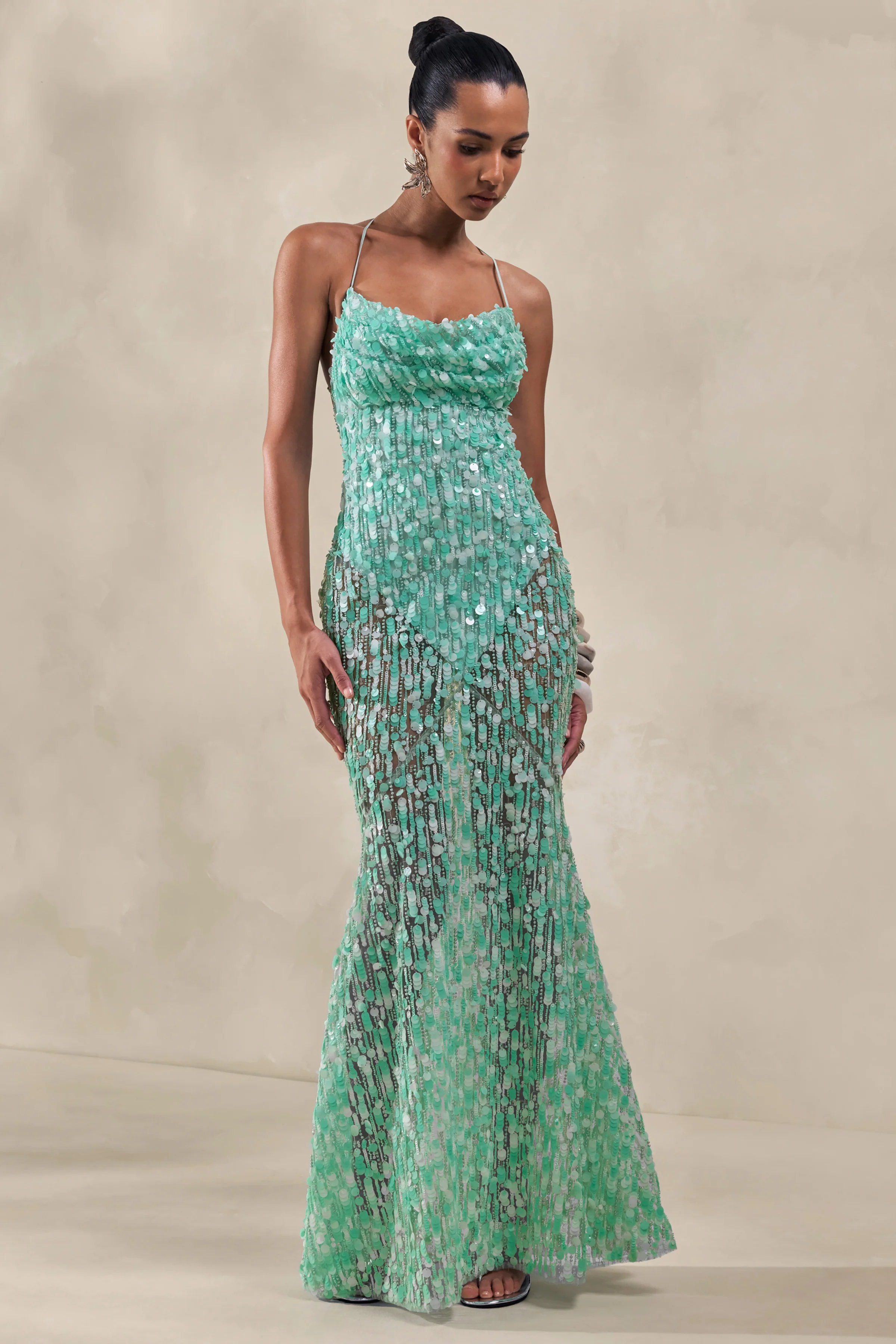 Taryn | Turquoise Sequin Cowl-Neck Maxi Dress With Sheer Skirt - Image 6