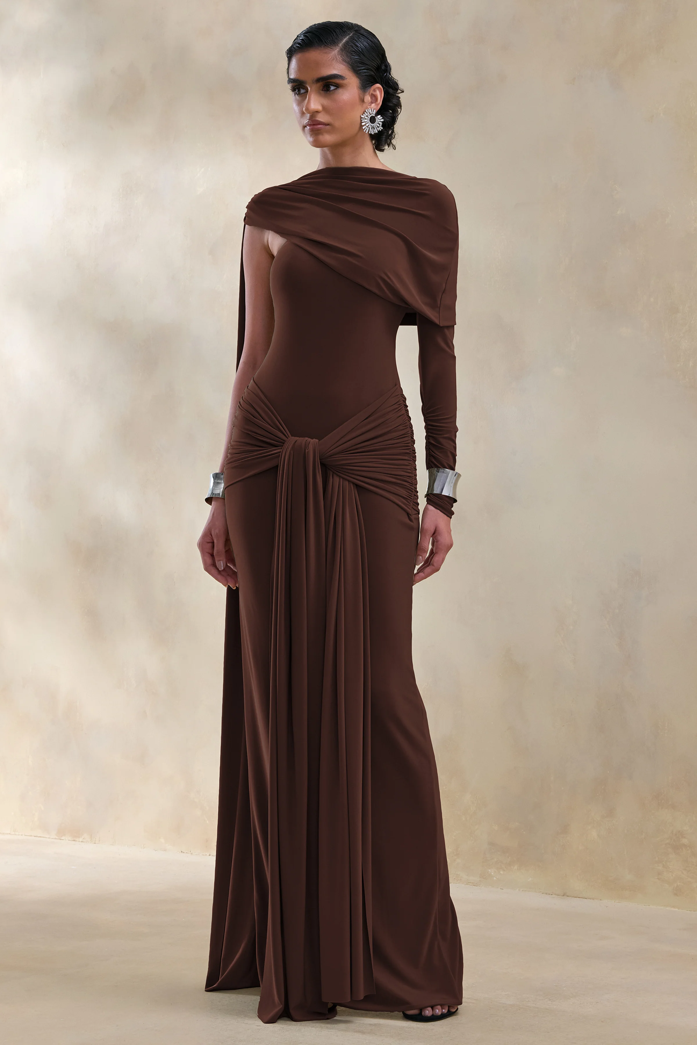 Trisara | Brown Asymmetric-Neck Maxi Dress With Gathered-Detailing And Sash - Image 4