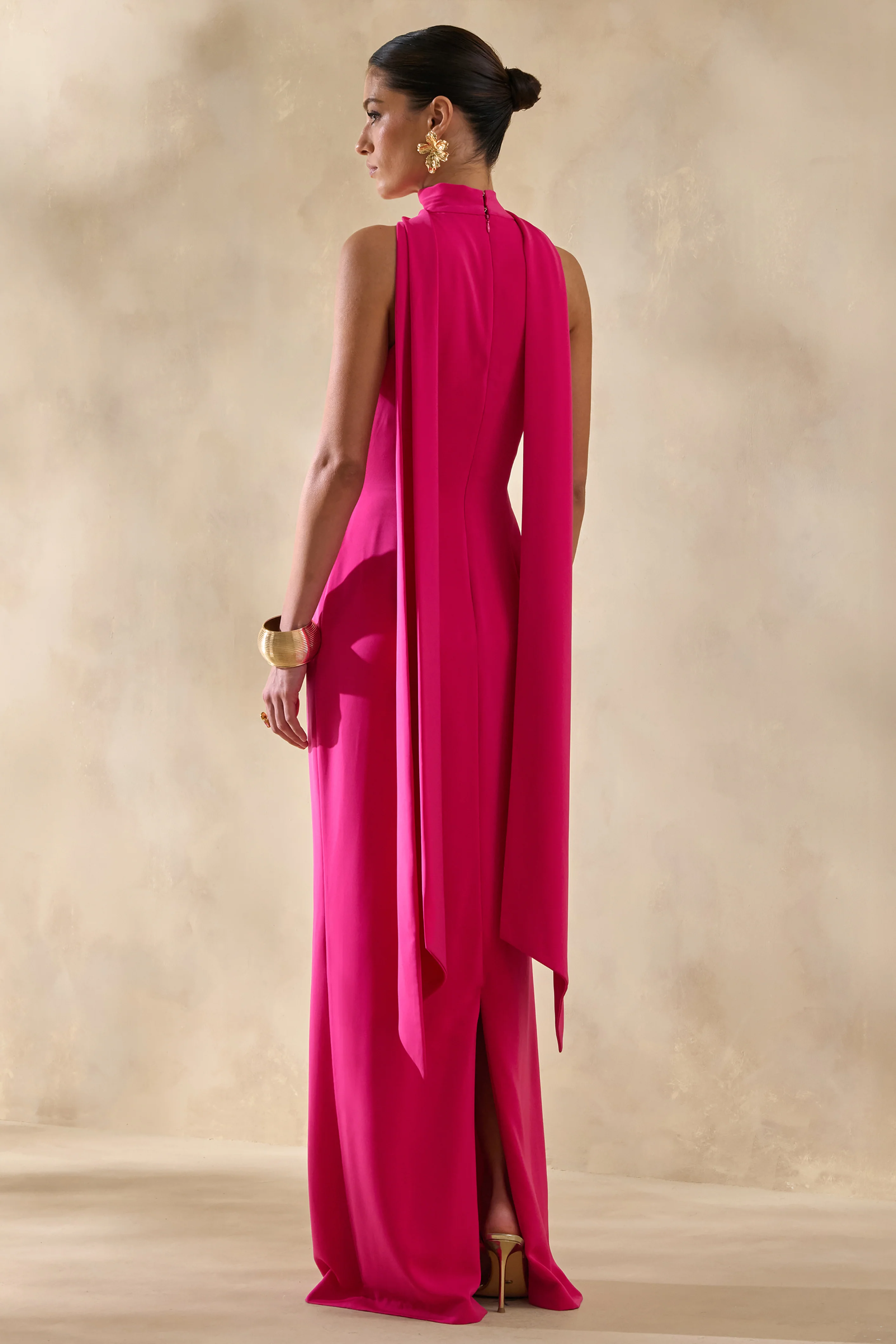True Icon | Hot Pink Satin High-Neck Maxi Slip Dress With Sash - Image 2