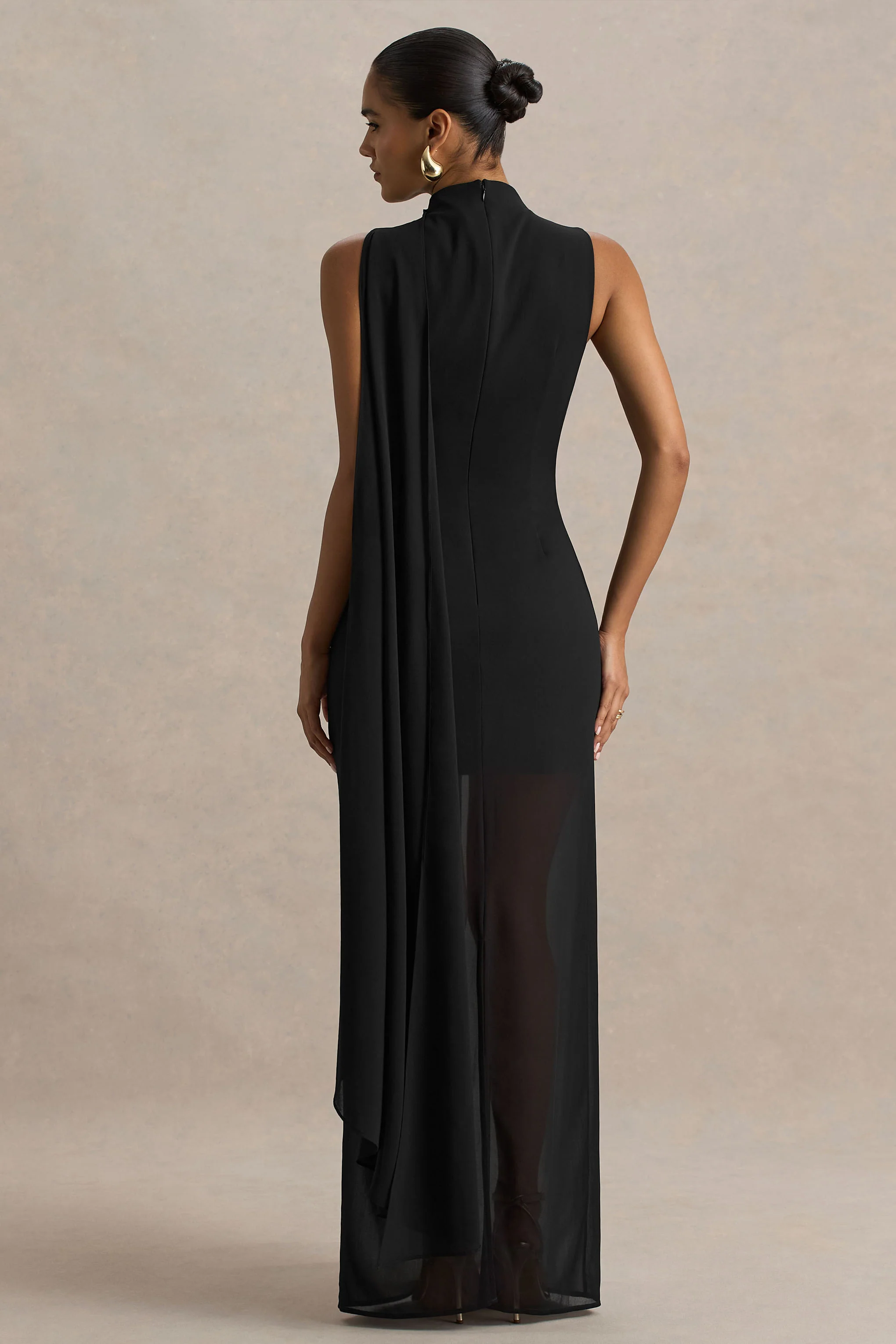 Unpredictable | Black High-Neck Maxi Dress With Back Cape Detail - Image 2