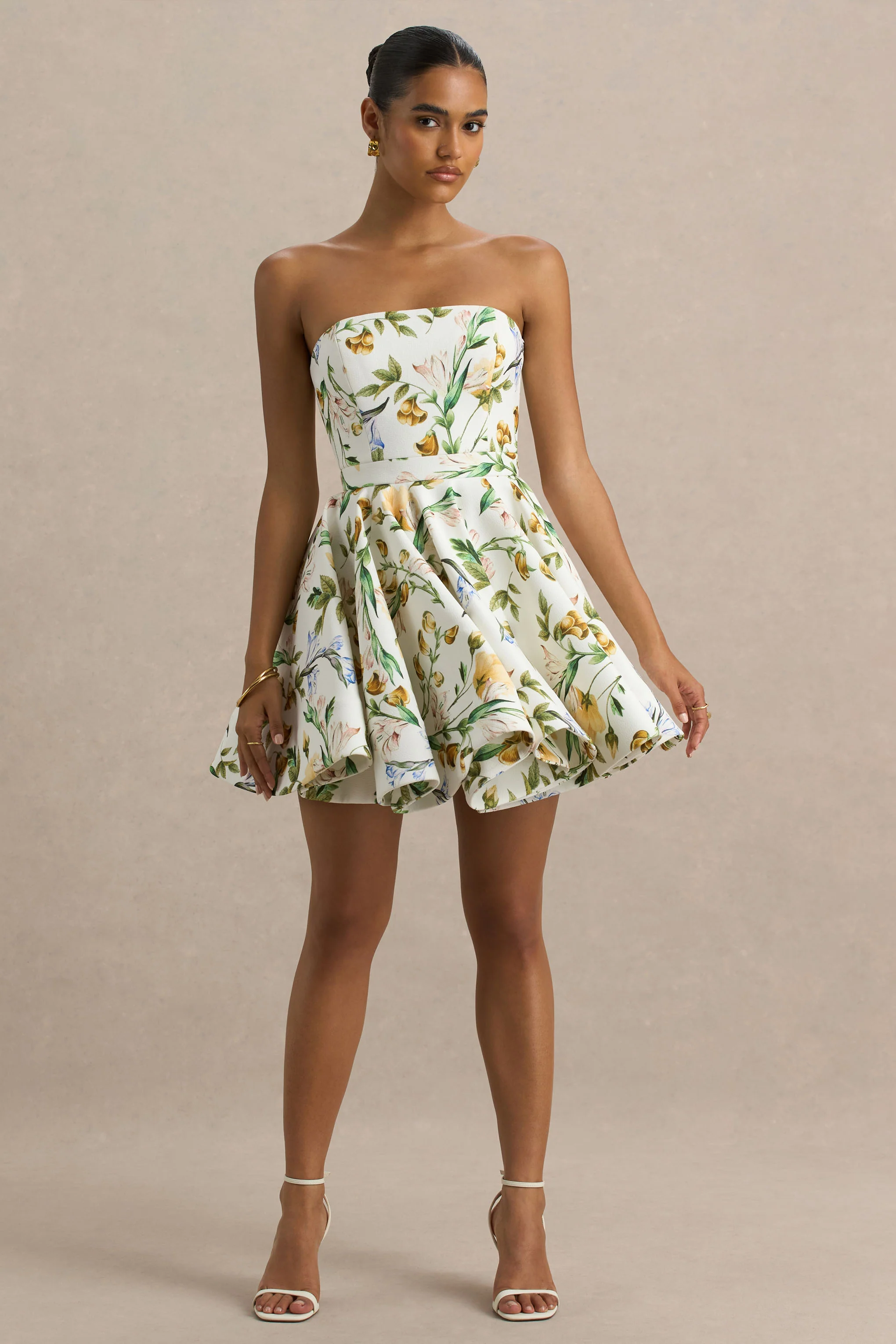 Valerian | Lemon Floral Print Bandeau Mini Dress With Ruffle Hem - Image 4