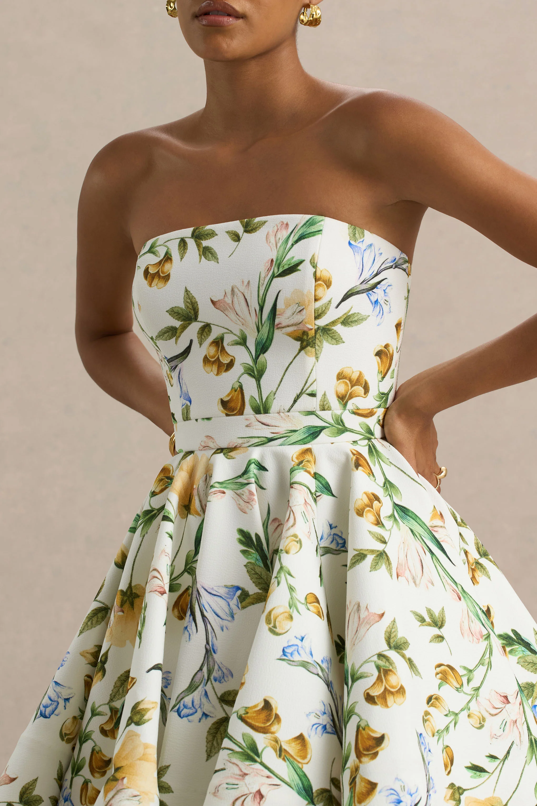 Valerian | Lemon Floral Print Bandeau Mini Dress With Ruffle Hem - Image 6